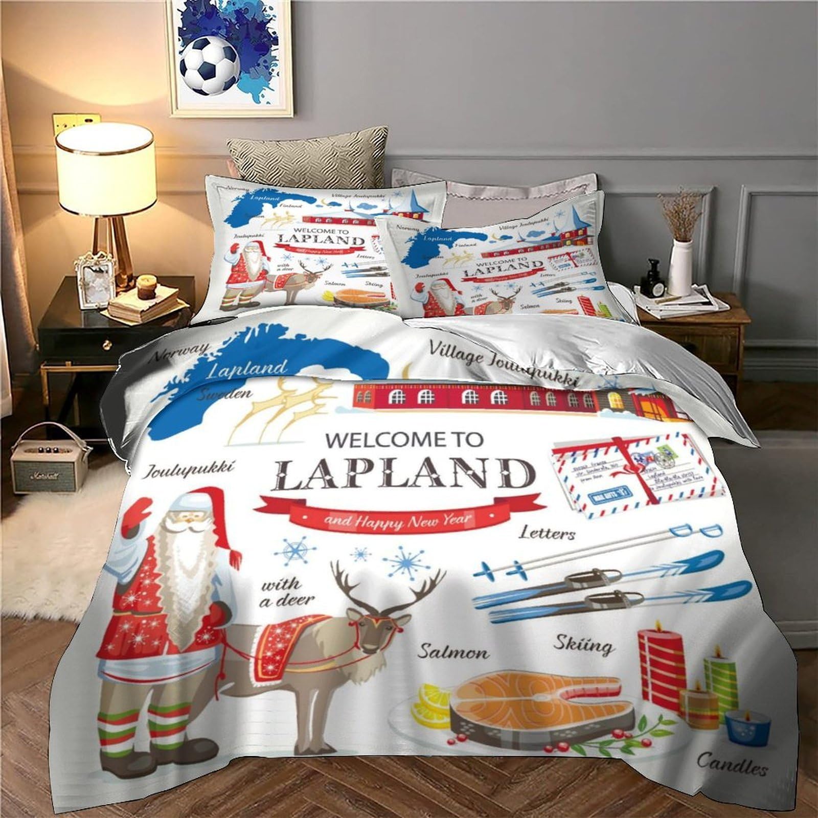 Guía de Viaje de Laponia Impresión 3D 3 Piezas Funda de edredón Estilo Festivo escandinavo cubrecama Microfibra morbida Cierre Cremallera para bebés niños Hombres Super King（260x220cm）