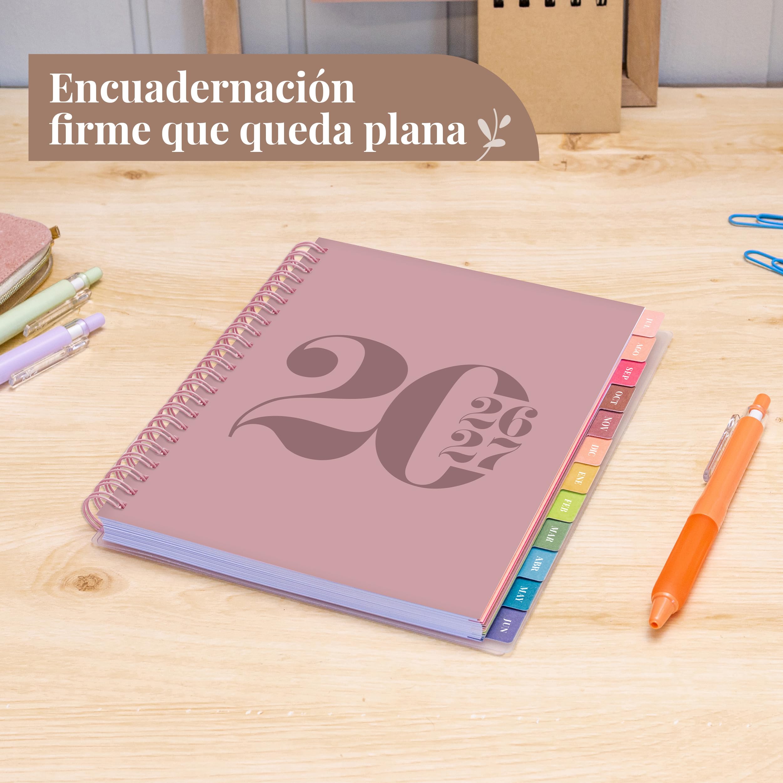 Rileys Agenda Escolar 2026–2027, Agenda Anillas 2026 con Planificador Diario Académica, Planner Universitaria para uso Escolares, Dietario tipo para Citas (20 × 15 cm, Rosa, Tipográfico, en español)
