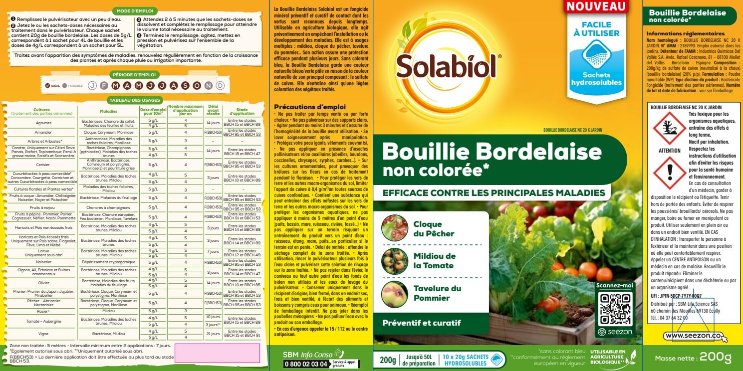 SOLABIOL Bouillie Bordelaise - Sachets Hydrosolubles - 50L de Solution 200g | Fongicide Polyvalent - Préventif - Mildiou, Tavelure, Cloque du Pêcher - Non Colorée - SOBOU200S