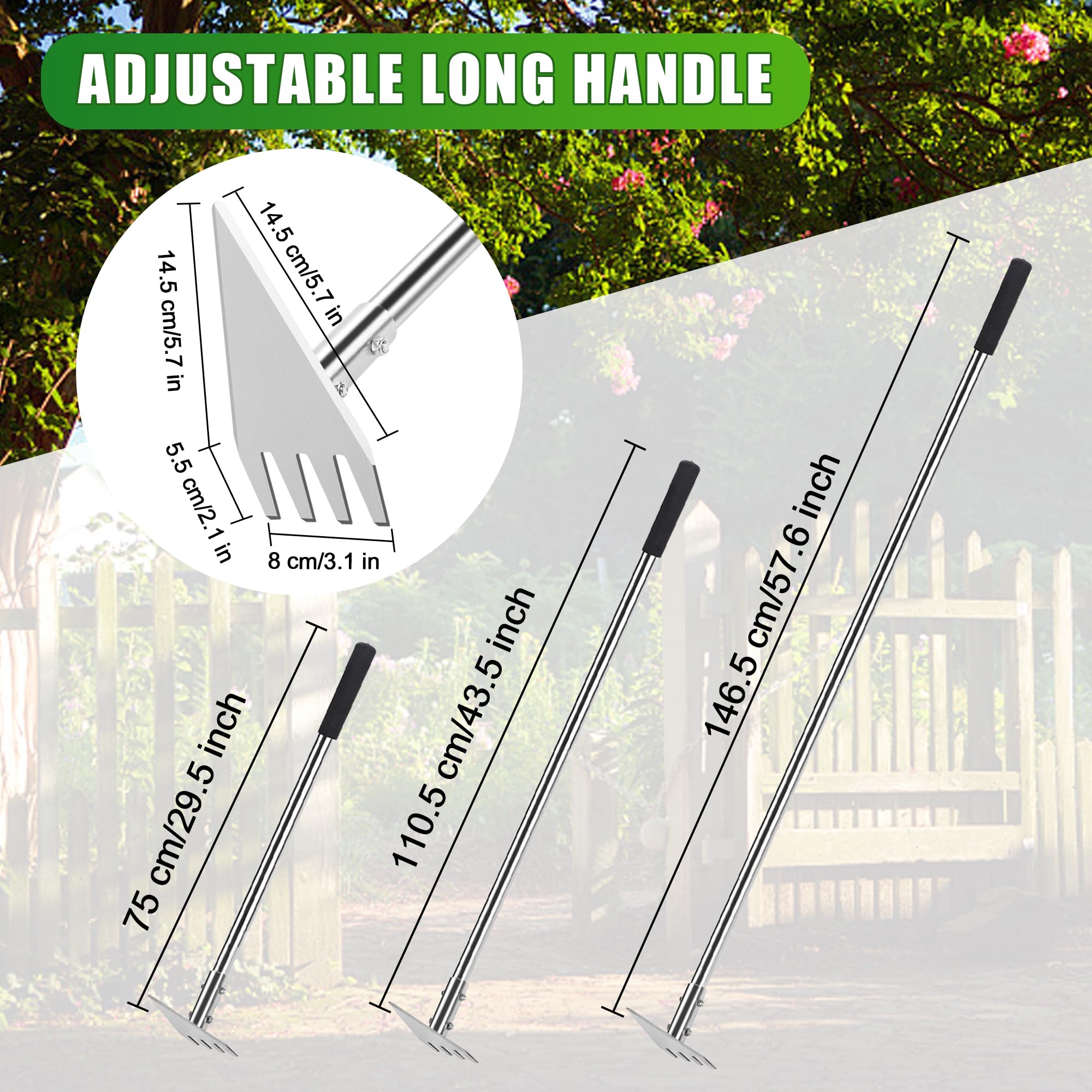 Binette de jardín 2 en 1 doble cabeza,triángulo y sierra, mango telescópico ajustable (75, 110,5, 146,5 cm), herramienta de jardinería robusta para desyerbar, azada de acero inoxidable