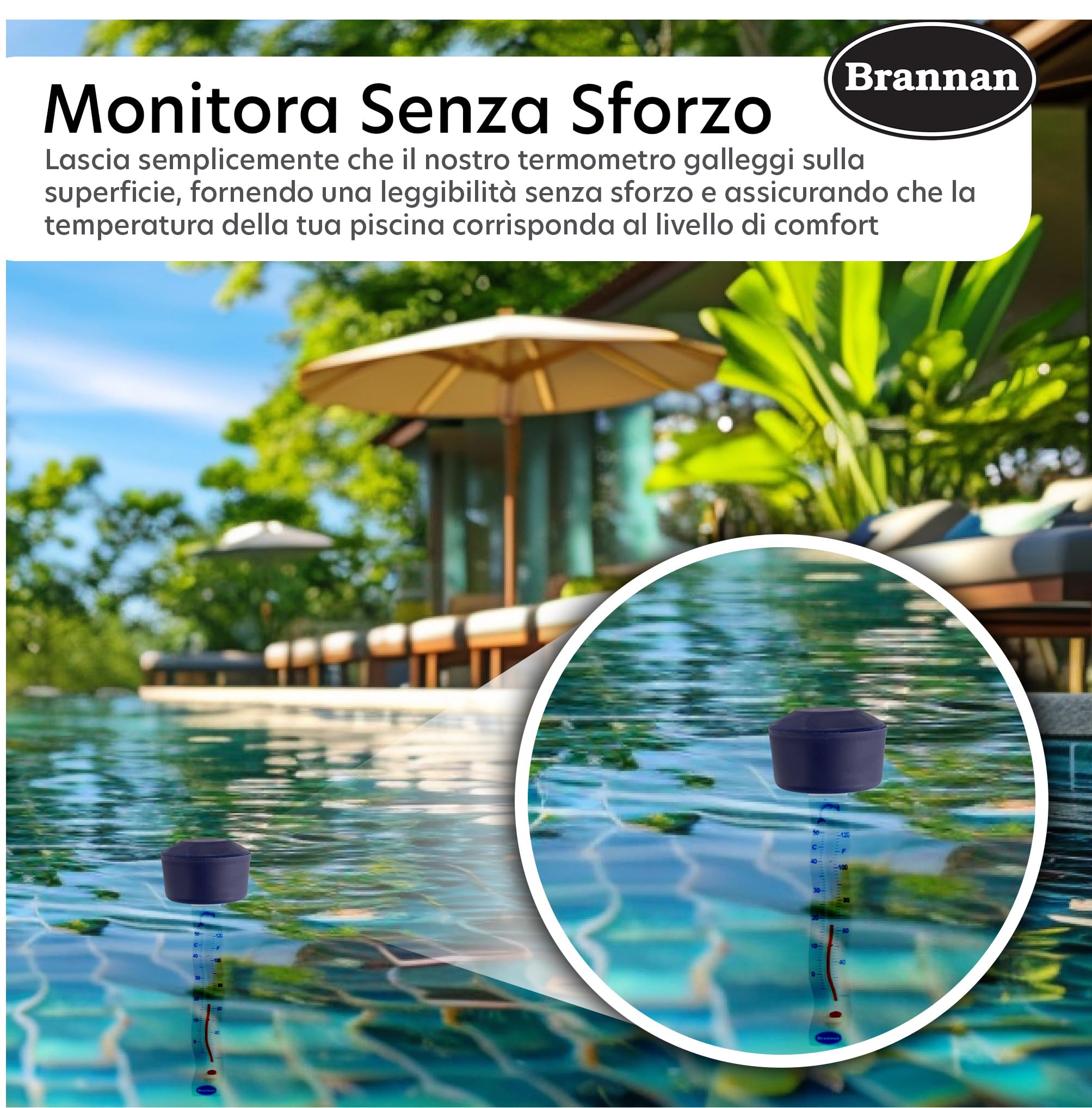Brannan Termometro galleggiante per acqua con galleggiante blu per leggere la temperatura dell'acqua - Termometro per piscina o bagno di ghiaccio, spa, vasca idromassaggio, nuoto selvaggio