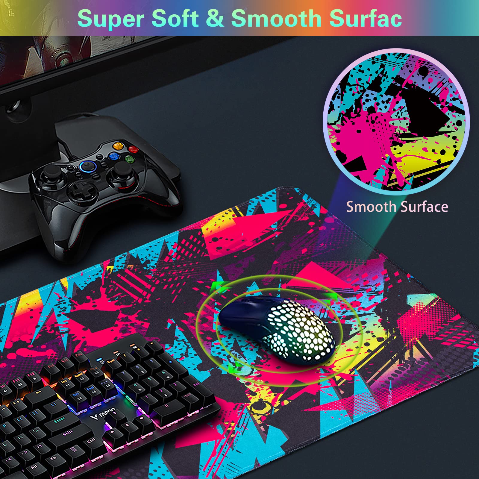 Canjoy Alfombrilla de mouse para juegos de 31.5 x 15.8 pulgadas, extendida, XXL, grande, para teclado de computadora, alfombrilla de escritorio con base antideslizante y de goma y borde cosido