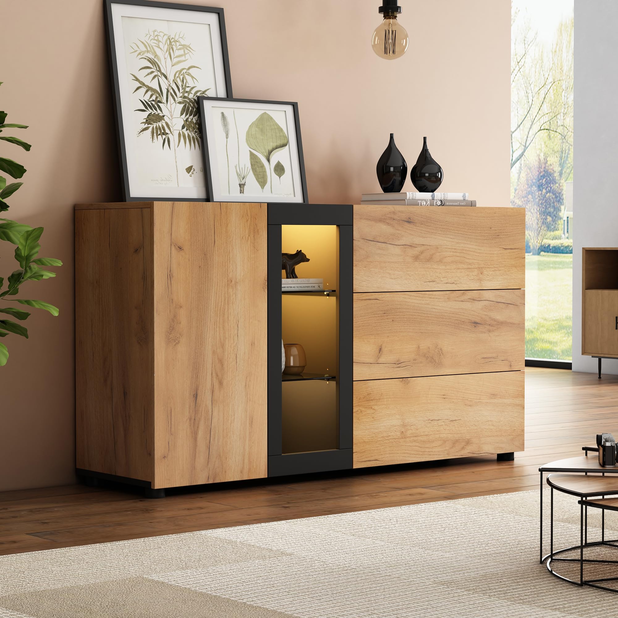 ModernLuxe Chest of Drawers Bedroom with 3 Drawers, 1 Door, 1 Shelf Storage Cabinet, and 4 Open Compartments, Ample Storage Space, Functional Sideboards for Living Room, Black & Brown, 140x40x80cm