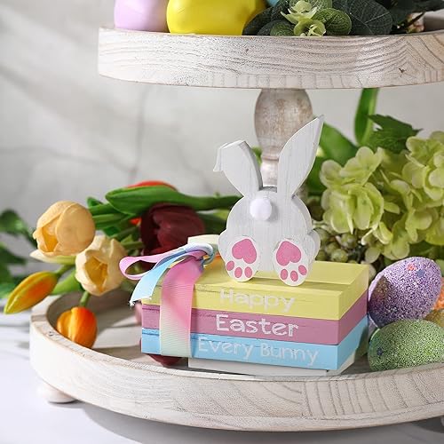 Miniatura 7 de Juego de 4 piezas de decoración de mesa de Pascua letrero de madera para cada sendero de conejo feliz Pascua casa de campo juego de bloques de