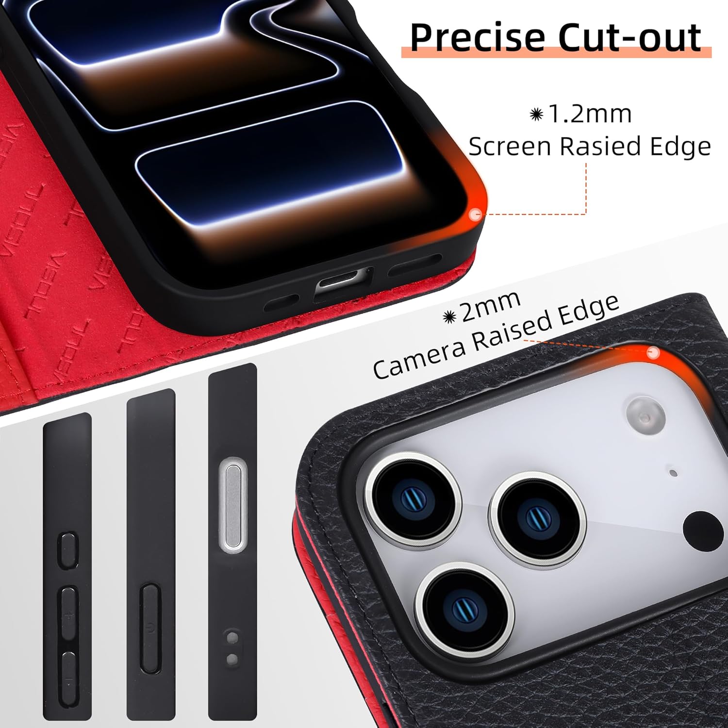 VISOUL Pebbled Leather Wallet Case for iPhone 17 Pro 6.3” 2025, Genuine Leather Flip Folio Cover, RFID Blocking Card Holders, Kickstand, Soft TPU Shell, Protective Flip Cover -Black+Red - Image 4