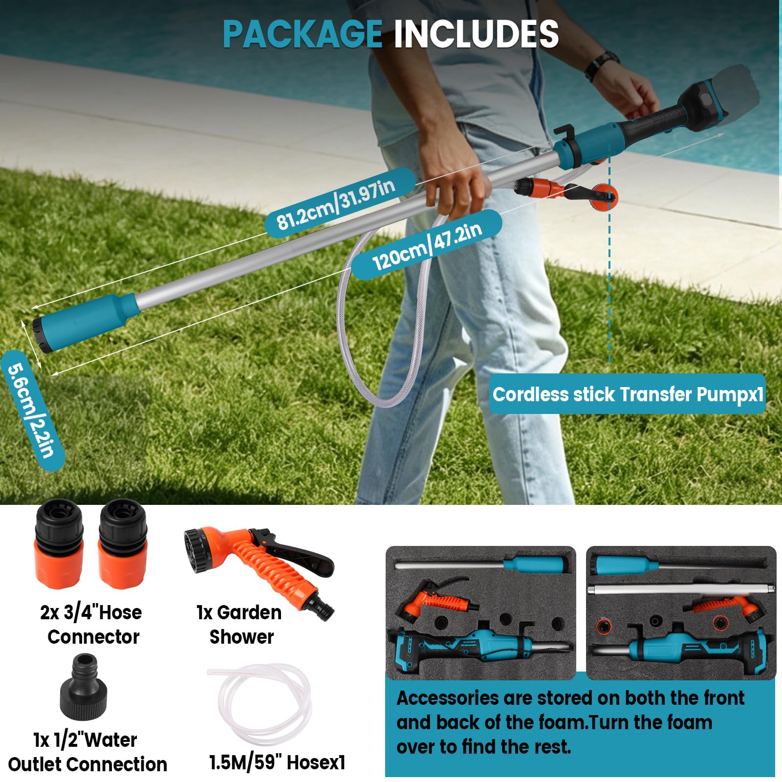 Bezprzewodowa pompka transferowa wody do Makita 18 V, przenośna pompa zanurzeniowa 2736 l/h i podnośnik 5 m, do ogrodu, stawu, łodzi, kampera, beczek przeciwdeszczowych, bez baterii