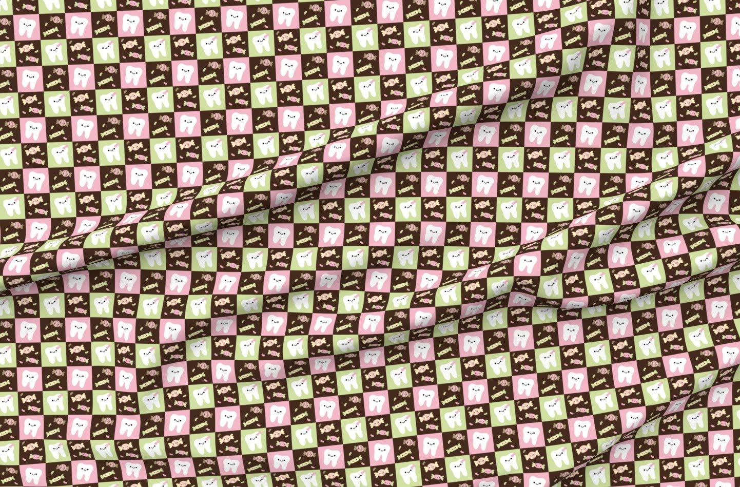 Spoonflower Fabric - Happy Teeth Checkerboard Brown Pink Light Green Tooth Fairy Dental Printed on Organic Cotton Sateen Fabric by The Yard - Sewing Quilting Apparel Home Decor