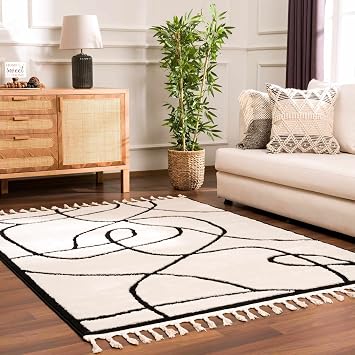 Hauteloom Pikes Living Room, Bedroom Area Rug - Abstract Swirl - Contemporary Southwestern Modern Minimalist Boho - High Pile - Bone, Black, White, Cream, Neutral - 2 x 3