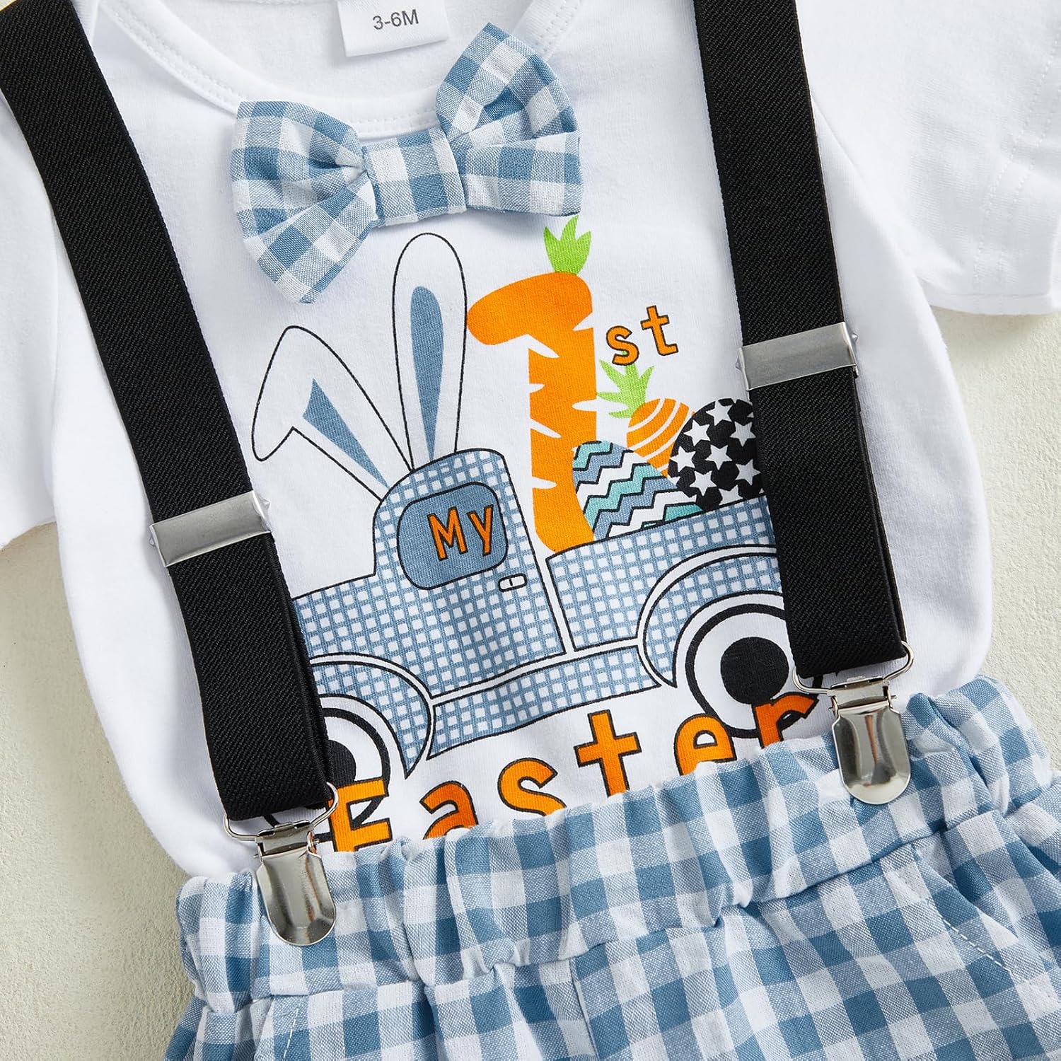 Infant Baby Boy Easter Outfit Car Letter Print Short Sleeve Romper Plaid Suspender Shorts Set 2Pcs Summer Clothes - Image 6