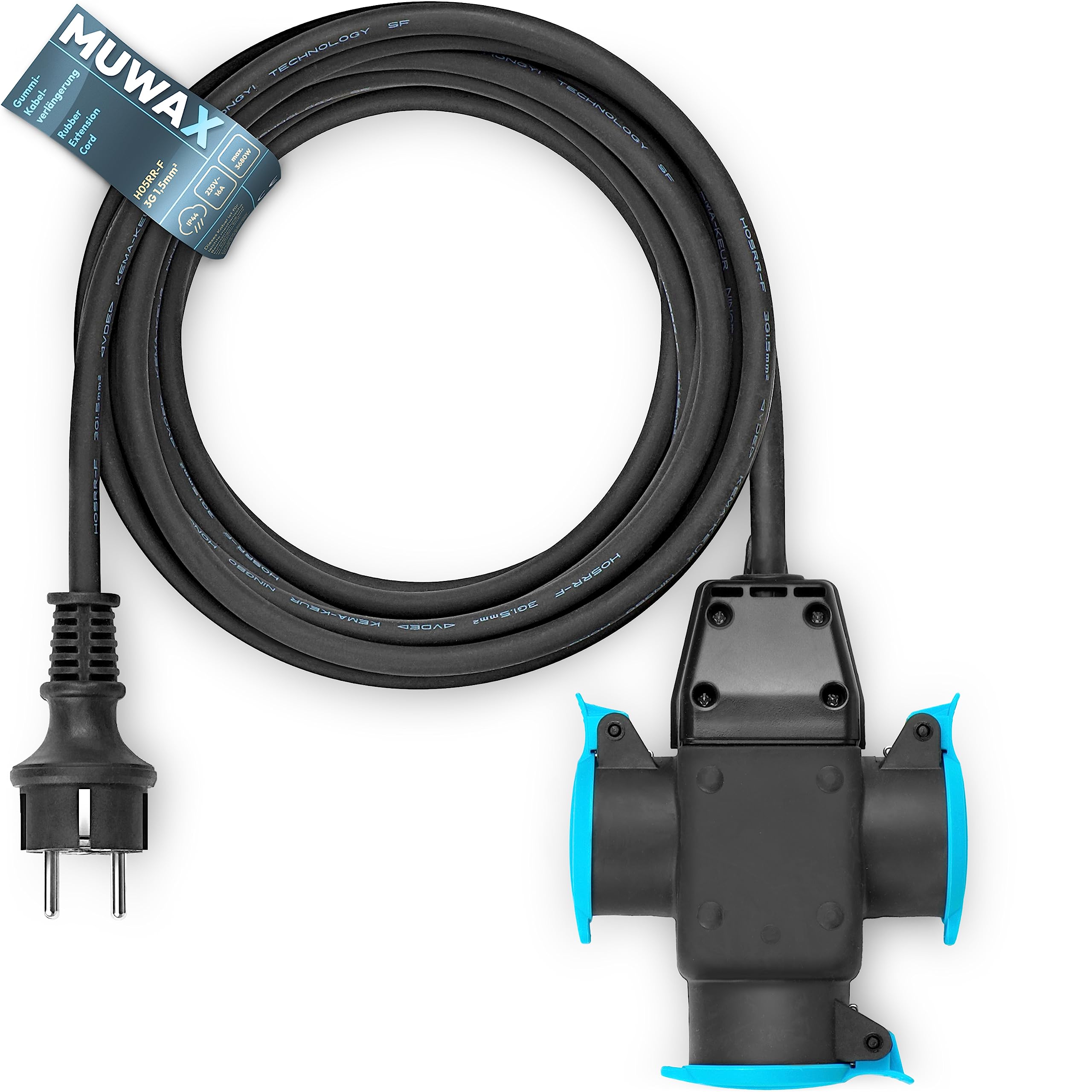 Cavo di prolunga in gomma H05RR-F 3G1,5 mm² con splitter a 3 vie, 20 m