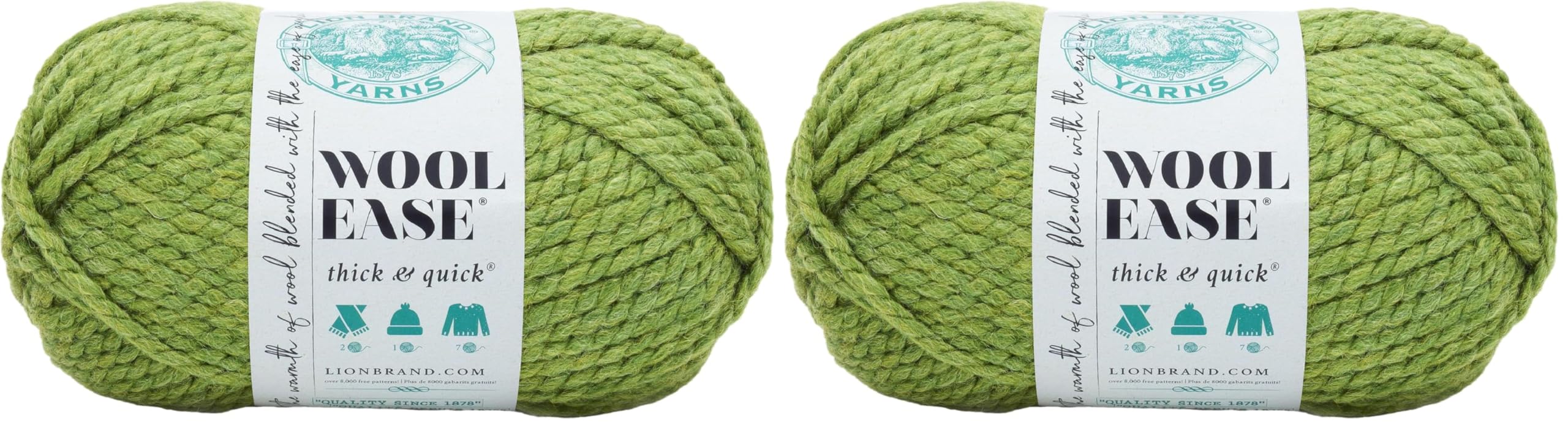 Lion Brand Yarn Wool-Ease Thick &amp; Quick Yarn, Soft and Bulky Yarn for Knitting, Crocheting, and Crafting, 1 Skein, Grass (Pack of 2)