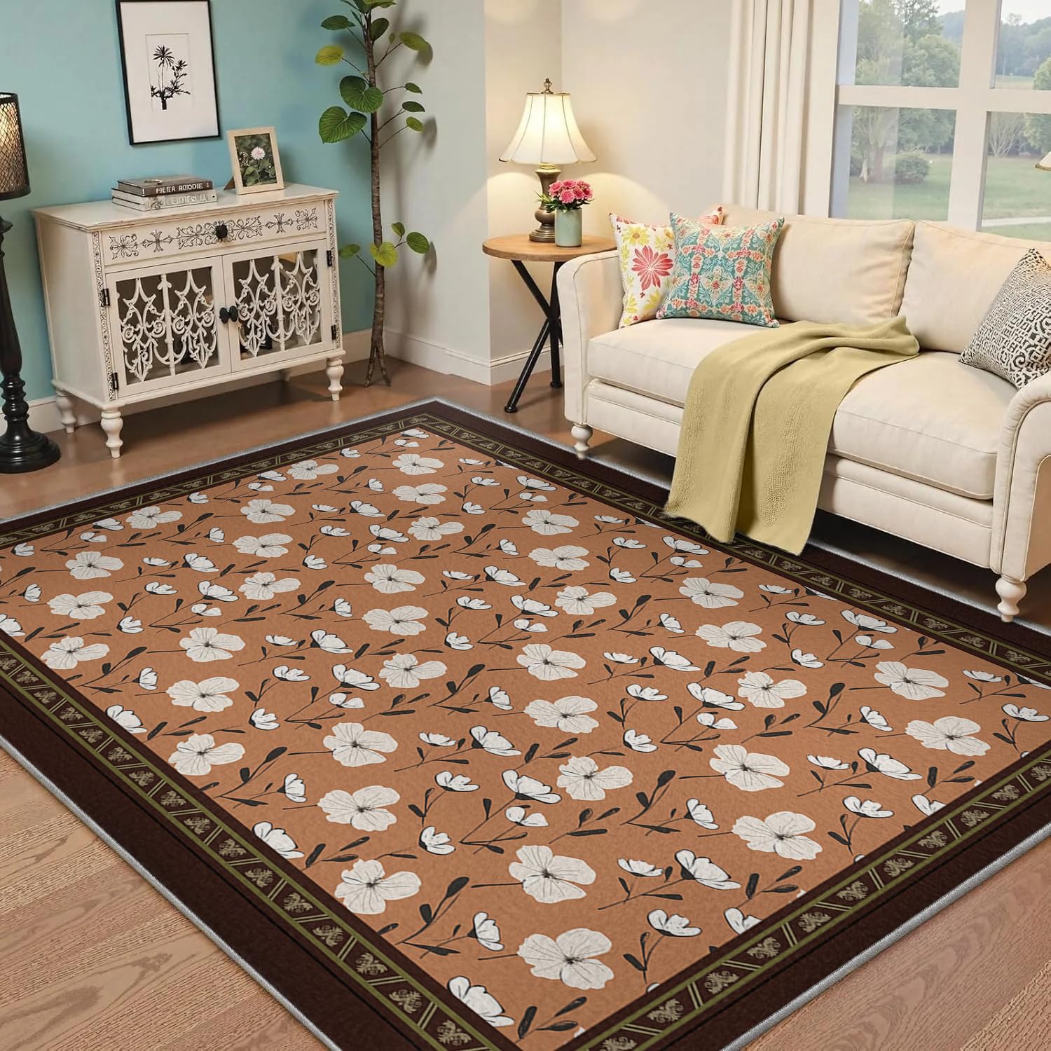 Tapis floraux élégants 140x200cm moquette blanche poil bas