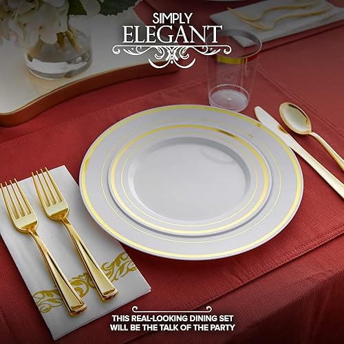 Miniatura 5 de Juego de vajilla de 700 piezas para 100 invitados 200 platos con borde dorado, 100 juegos de cubiertos, 100 vasos, 100 servilletas  Suministros