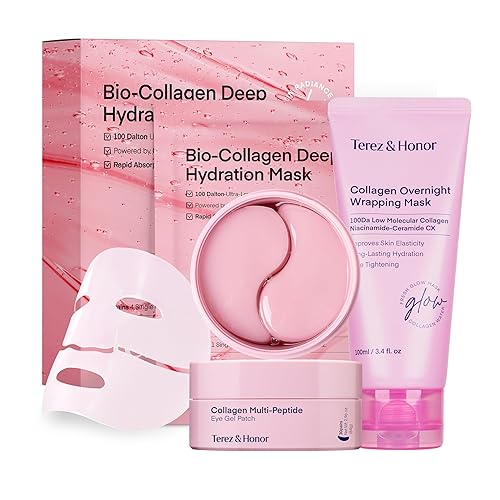 TEREZ & HONOR Juego de mascarillas de colágeno coreano, paquete de 3 piezas con 4ea máscaras faciales de biocolágeno, máscara de envoltura nocturna