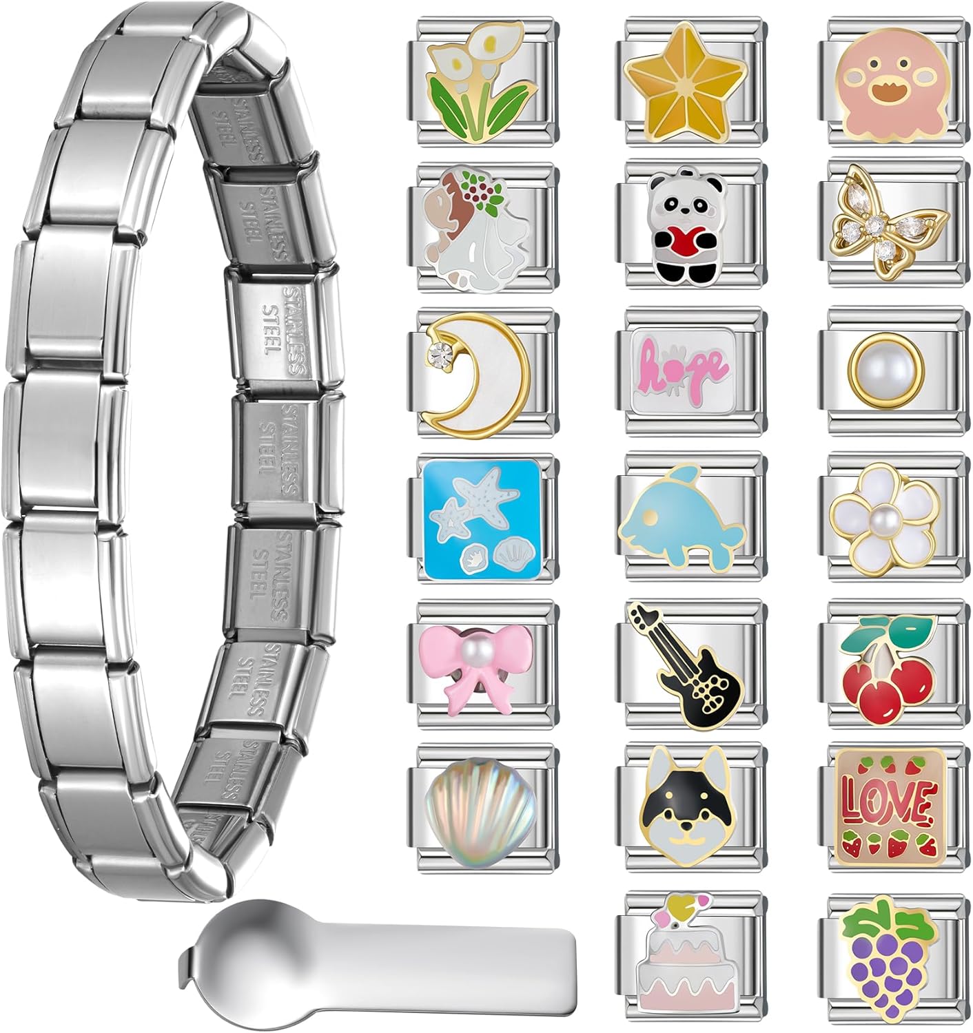 SWEETV Stainless Steel 18 Link Polish Italian Charm Bracelet with 1Pcs Starter Brascelet, 9Pcs/20Pcs Charms and Opening Tools, Classic 9mm Modular Charm, Personalized Jewelry Gift