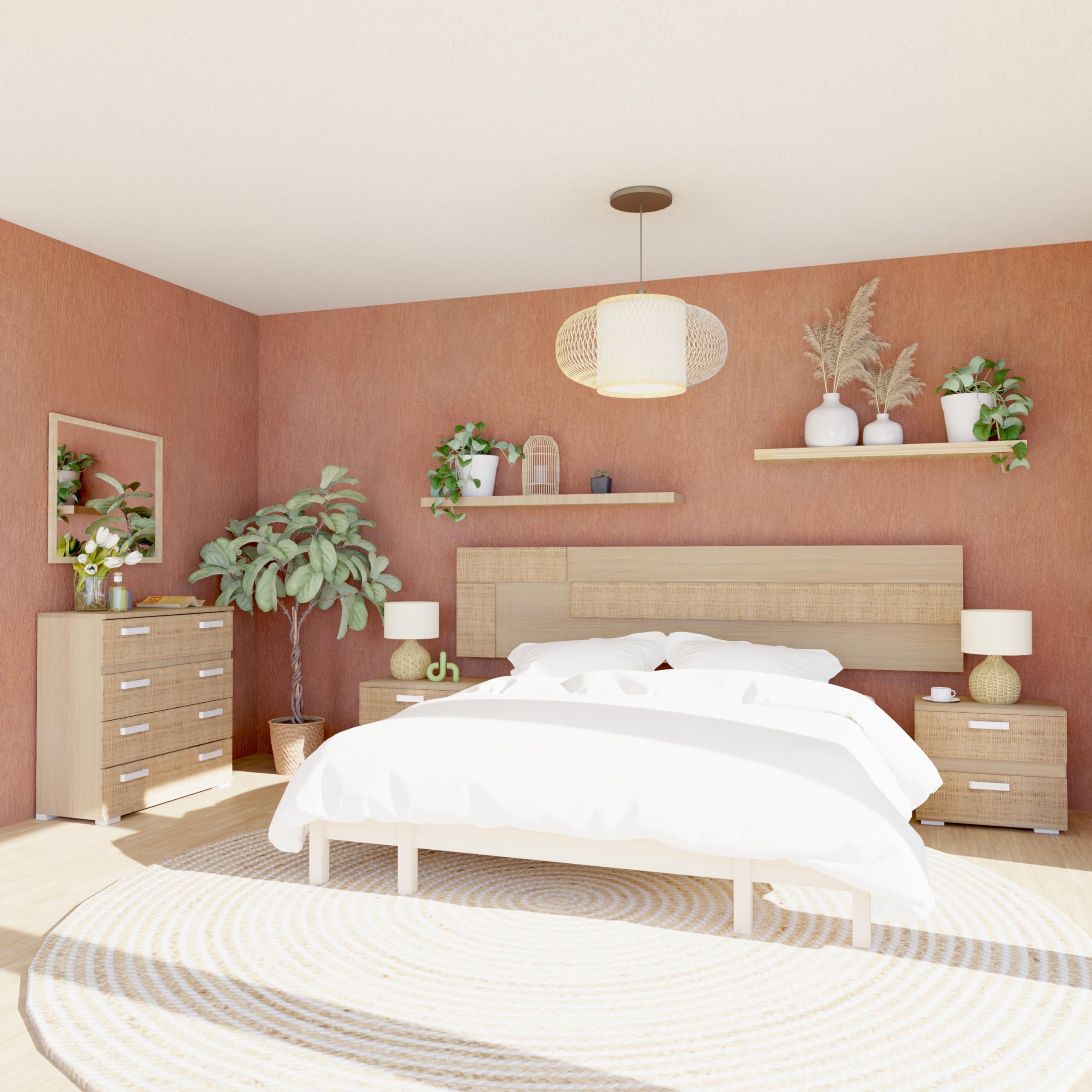duehome | Pack Ataneq Tex 4c con Cabecero + 2 Mesitas + Comoda + Espejo, Tofe y Textil