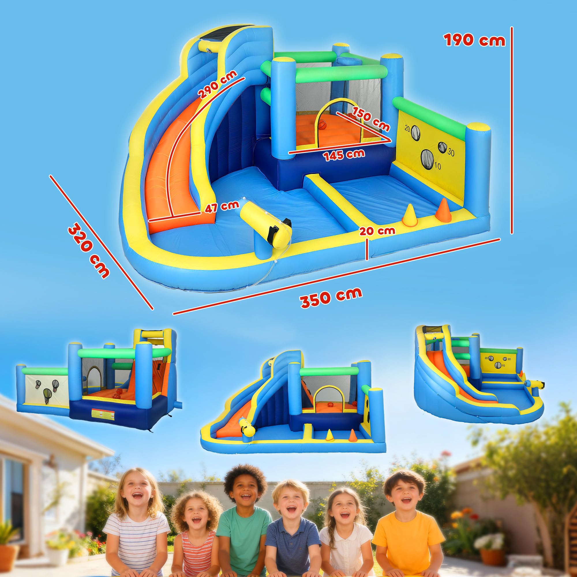 AIYAPLAY Castillo Hinchable Acuático 8 en 1 Soplador 550W Castillo Hinchable Niños con Tobogán Extralargo Seco/Mojado Zona de Salto Escalada Canasta Lanzamiento de Aros Exterior Interior 350x320x190cm