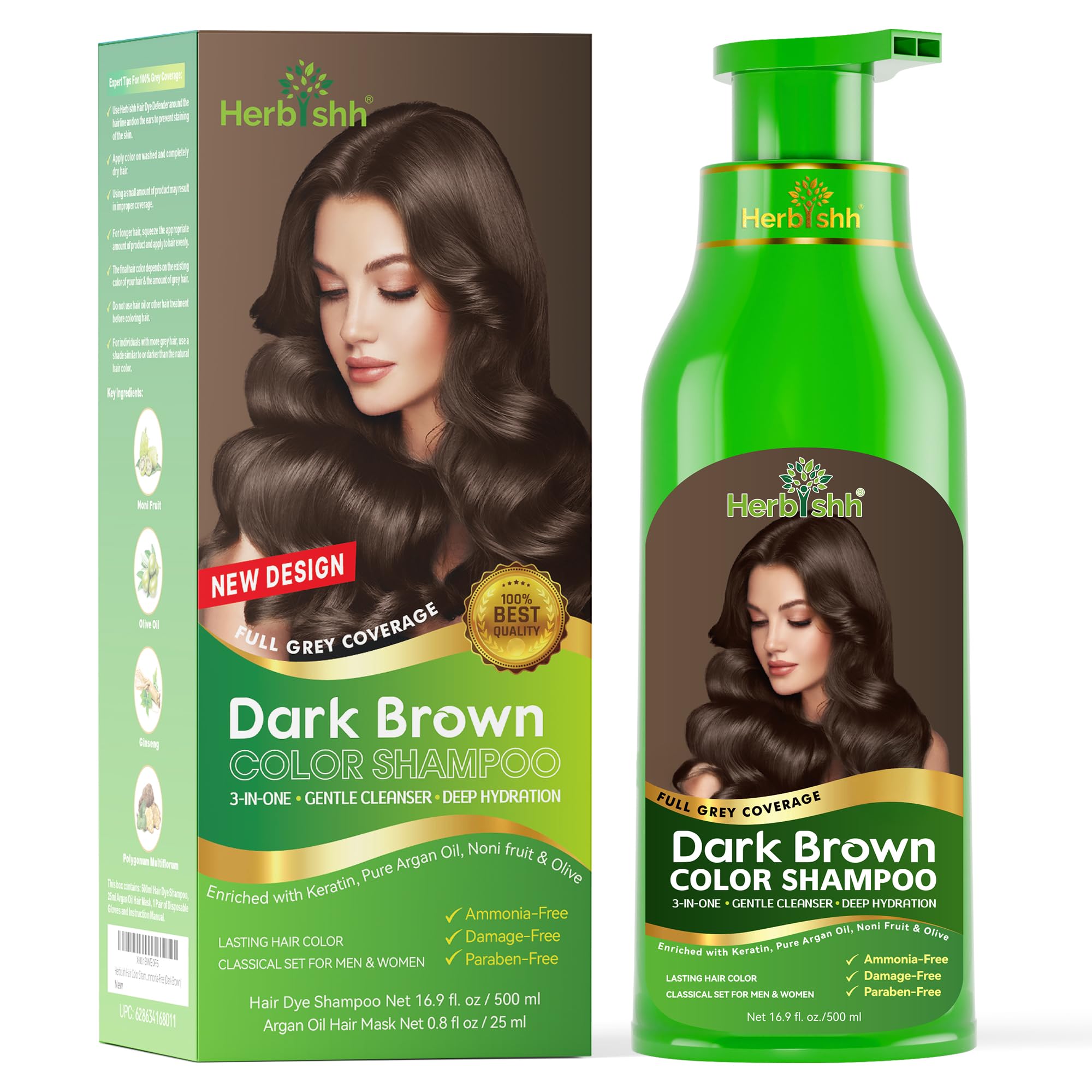 Hair Colour Shampoo for Grey Hair, Dark Brown, 500 ml, Ammonia-Free 3-in-1 Hair Dye Shampoo, Colours Hair in Minutes, Long-Lasting Colour