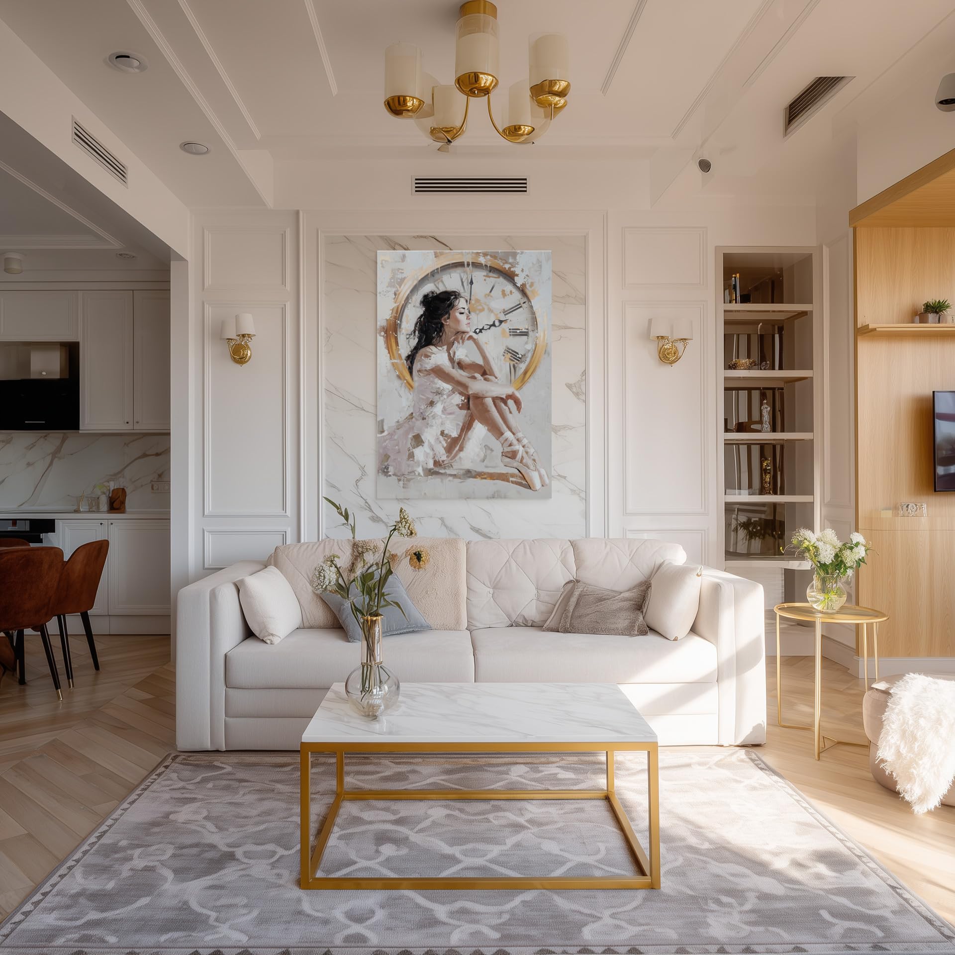 STYLER Leinwandbild Dreaming 70 x 100 cm – Canvas-Handpainting mit Ballerina-Motiv – Elegante Kunst in Weiß und Gold – Sensual Serenity Kollektion – Modern Classic Wandbild Deko
