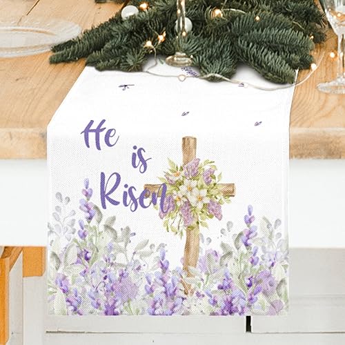 Camino de mesa de Pascua  Decoraciones de mesa de Pascua He is Risen Purple Lavender Cross Spring Camino de mesa para decoración del hogar cocina