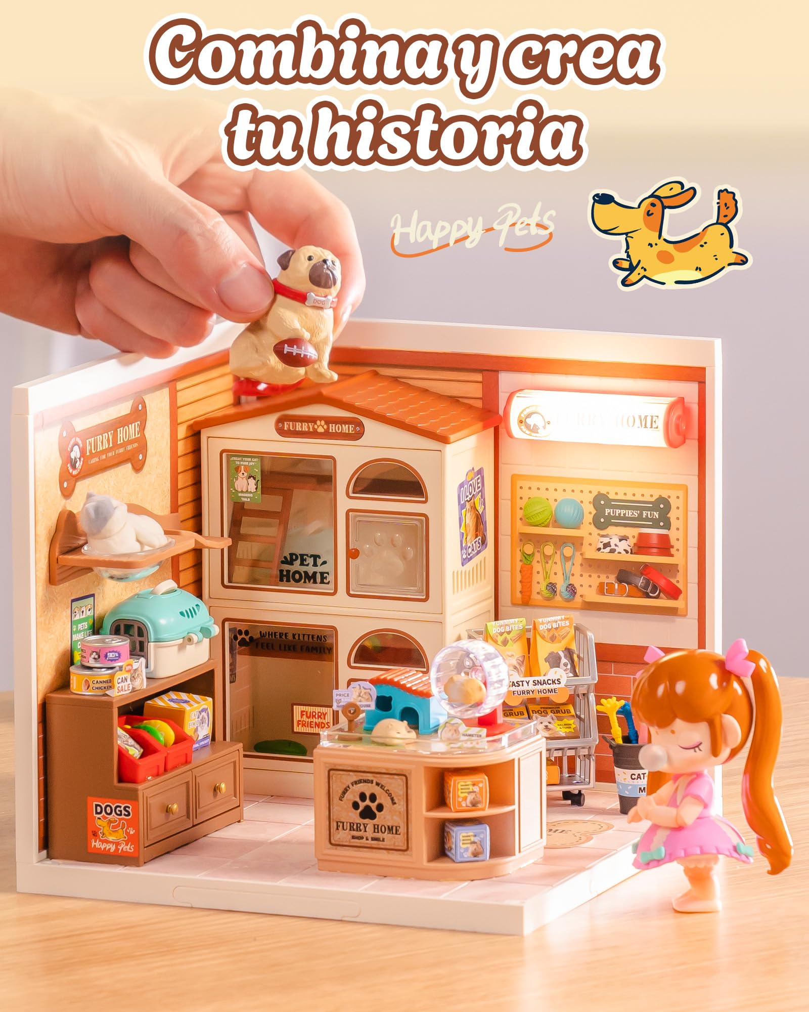 Rolife Super Creator Furry Friends' Home, Tienda de Mascotas DIY con Iluminación LED, Kit Sin Pegamento Modular, Casa de Muñecas Coleccionable, Regalo Original para Amante Animal