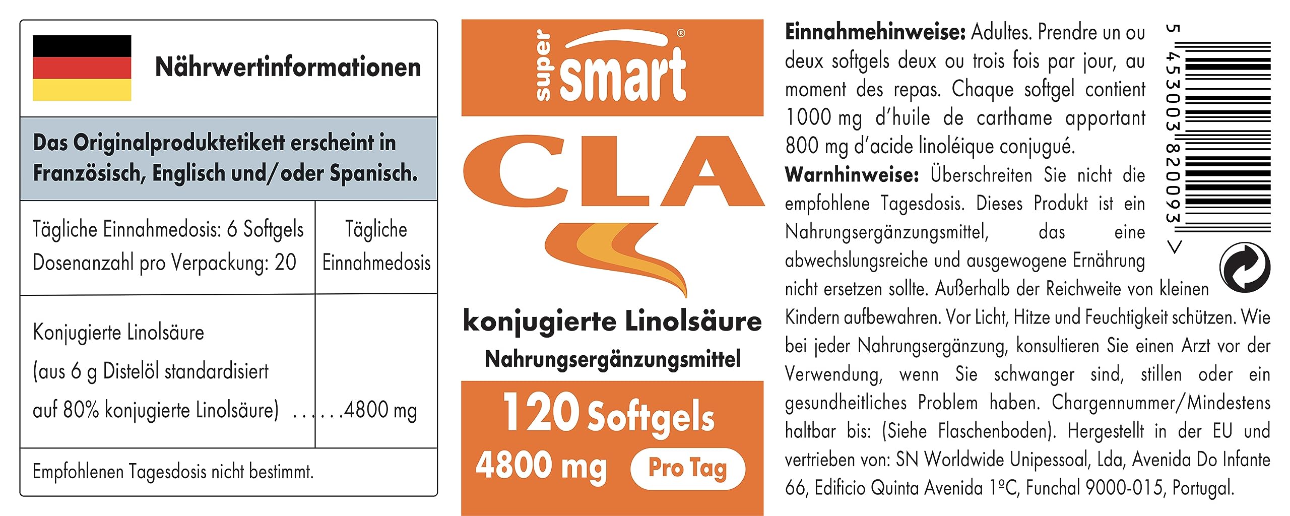 CLA - (Konjugierte Linolsäure) - Tonalin - Unterstützt Muskelwachstum - Hilft, Körperfett zu Reduzieren - Patentiert - GVO-frei - SuperSmart