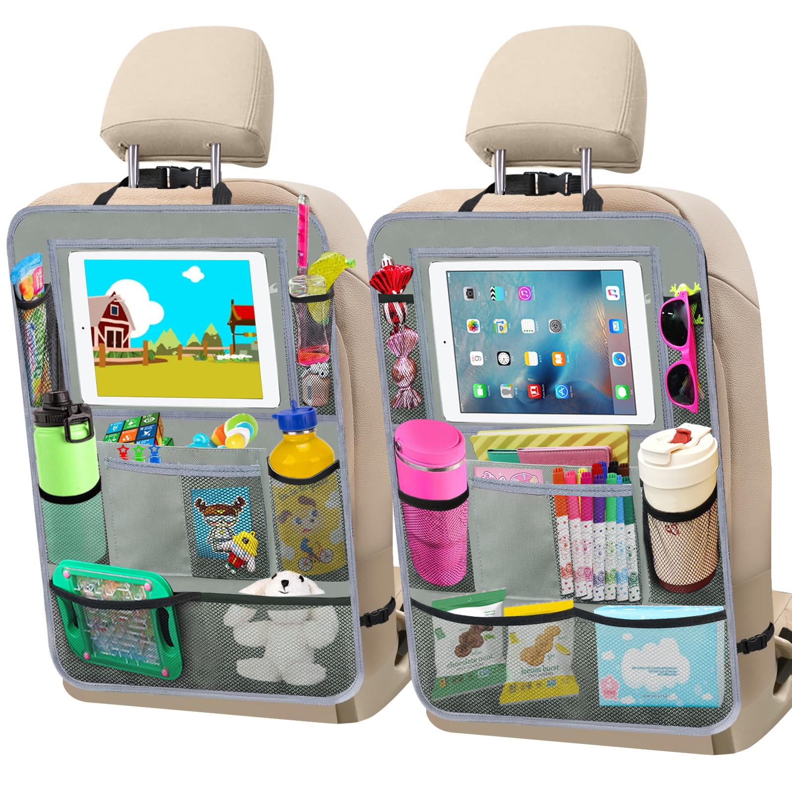 Zecirl Car Backseat Organizer ，2 Pack Car Organizer Back Seat with 11" Tablet Holder, 10 Storage Pockets Seat Back Protectors Kick Mats for Kids