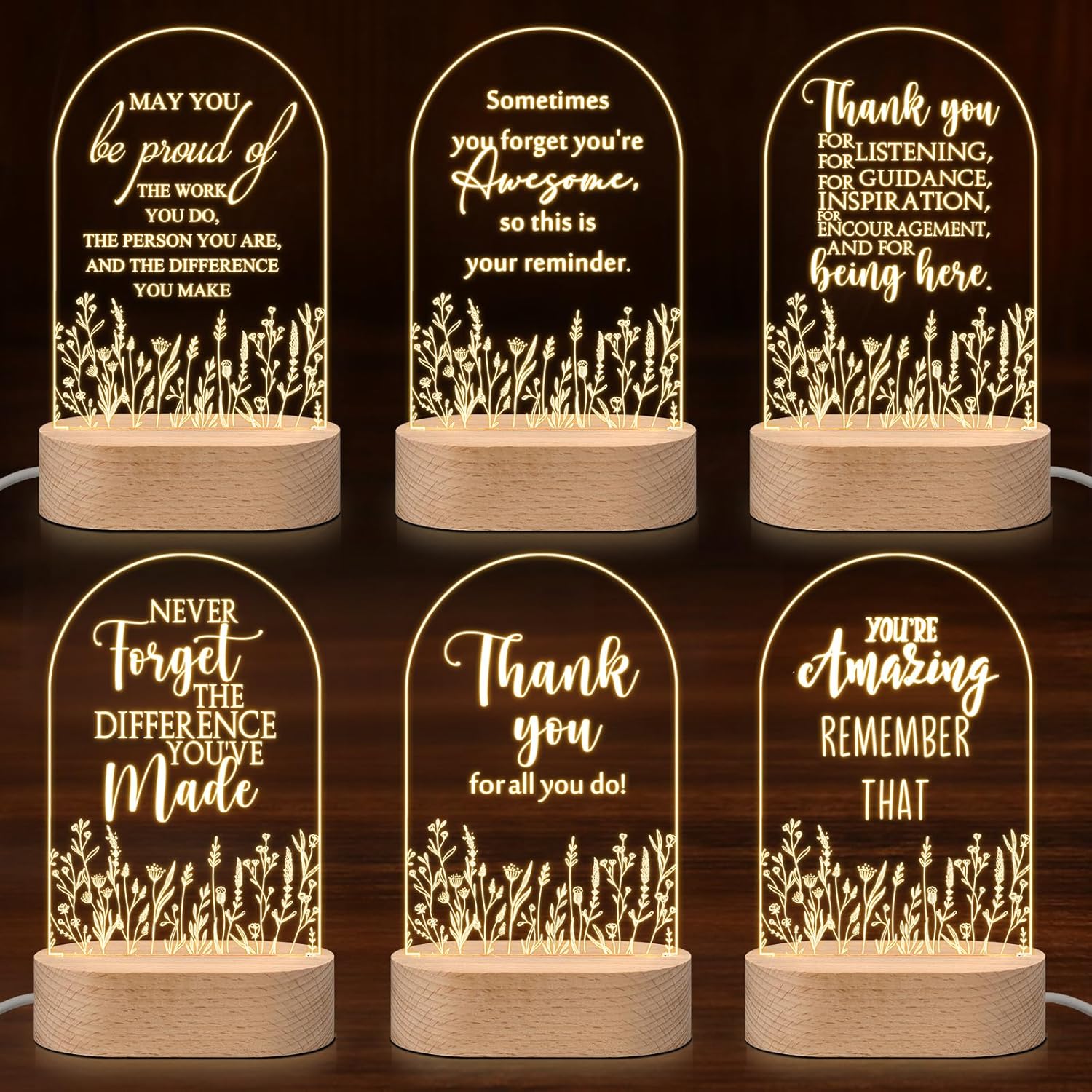 Sumind 6 Pcs Employee Appreciation Gifts Bulk Coworker Volunteer Nurse Staff Team Inspirational LED Night Light Engraved Lamp Tape with Wood Base Office