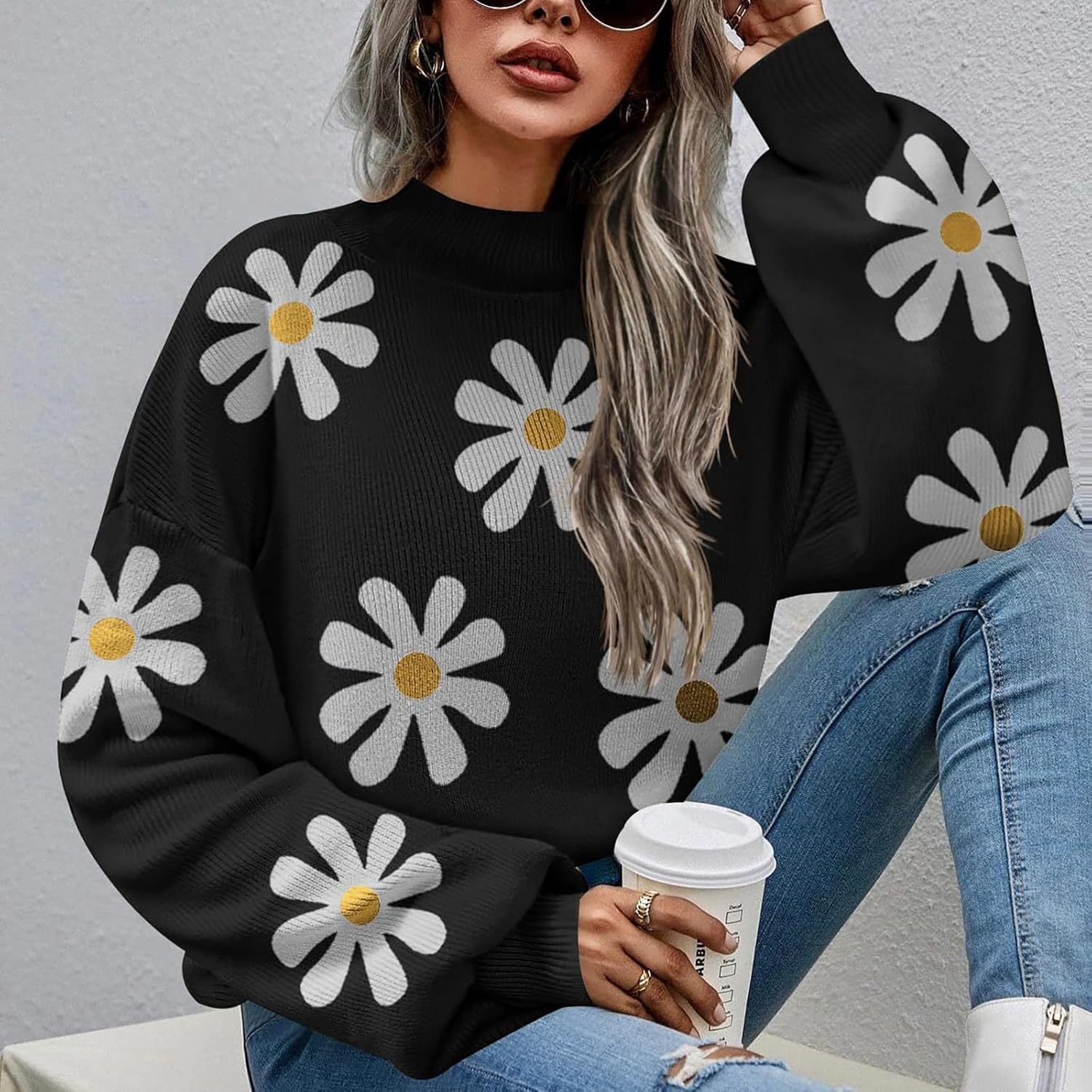Prenda Punto Acanalado Grueso Suéter Mujer Wowcarbazole - Estampado Floral Acanalado Para Otoño 2024 Manga Larga