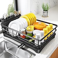 SNTD Large Dish Drying Rack with Drainboard & 3-Slot Utensil Holder - Rustproof Kitchen Counter Drainer for Plates, Bowls & Silverware, Black