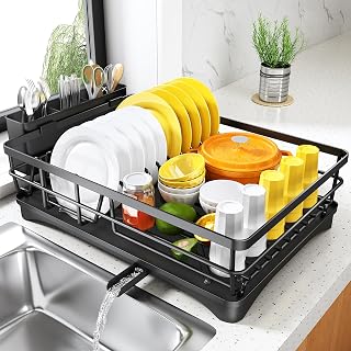 SNTD Large Rustproof Dish Drying Rack with Drainboard & Utensil Holder - Black Kitchen Counter Drainer