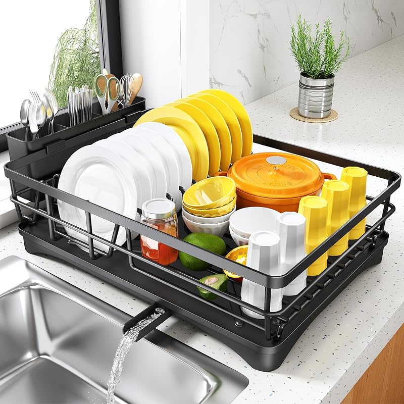 SNTD Rejilla para secar platos para encimera de cocina, 11,8" W x 16,7" L, negro | Acero inoxidable inoxidable, gran capacidad, escurridor autodrenante, caño giratorio, soporte para utensilios extraíble