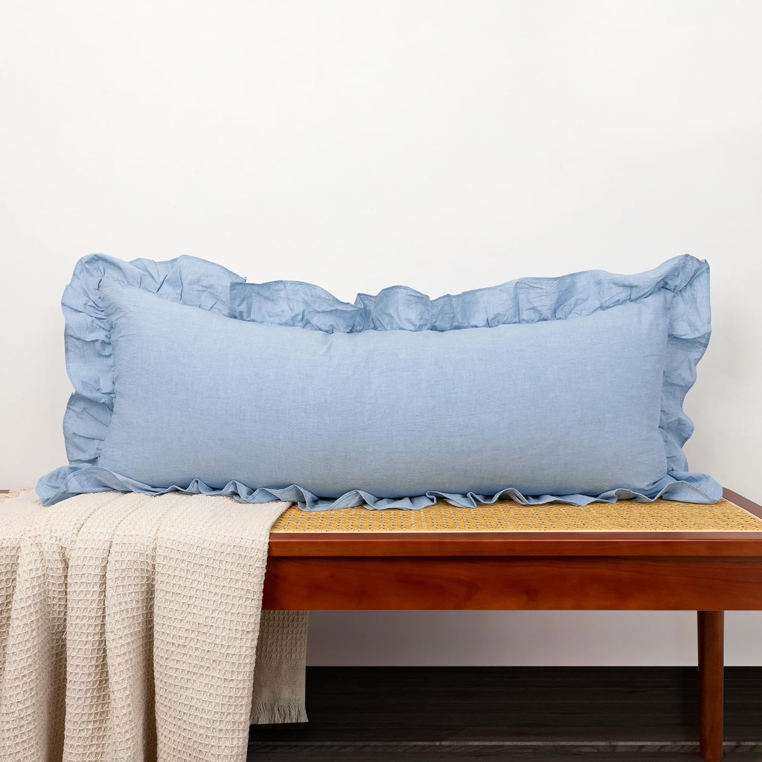 JoraLion 20x54 Ruffle Lumbar Pillow Covers, Khaki Scalloped Cotton Plaid Gingham Ruffle Decor Pillowcase Farmhouse Soft Cushion Case for Couch Sofa Bed Living Room, Set of 1, Covers ONLY