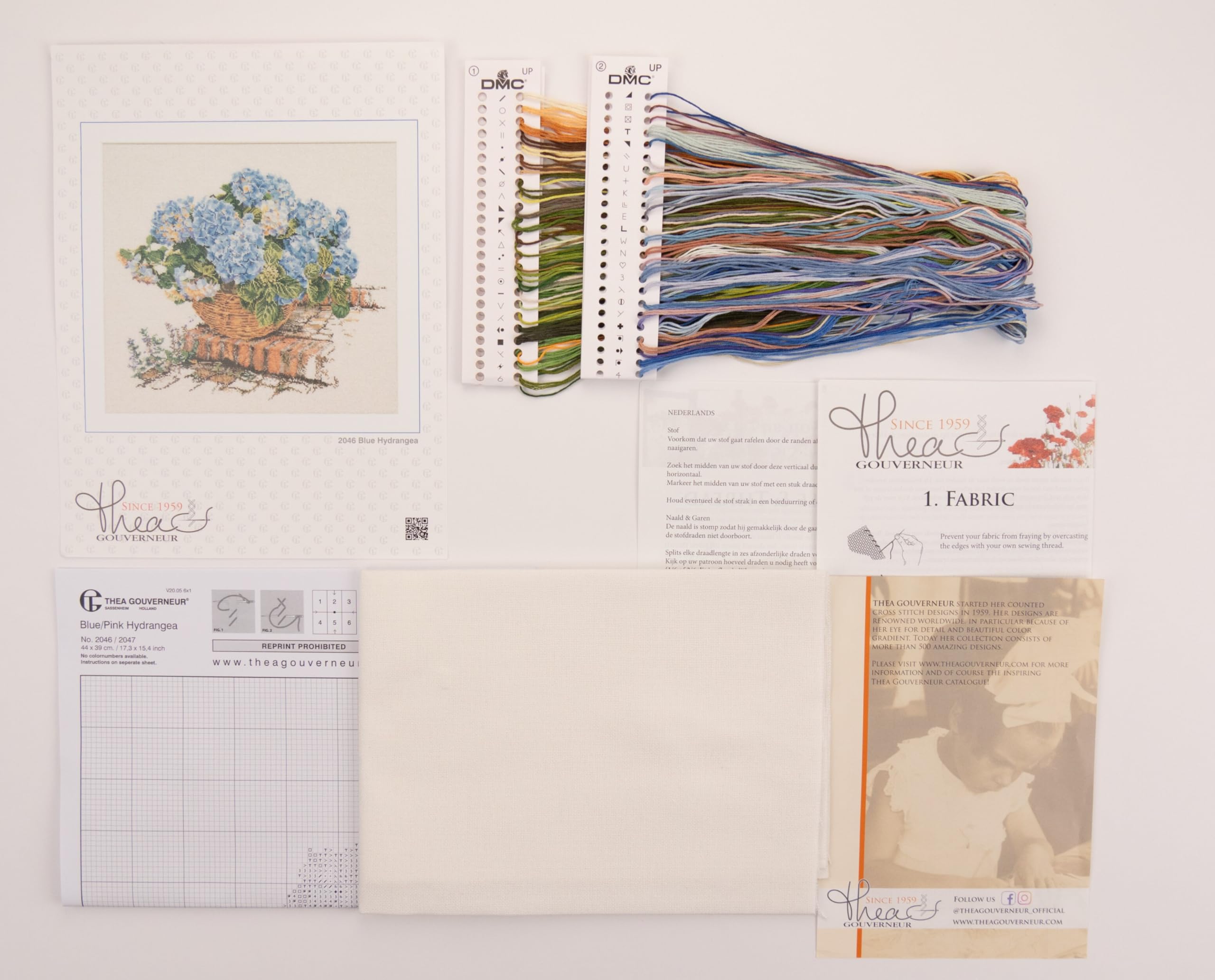 Thea Gouverneur - Kit de point de croix compté - Hortensia Bleu - Lin - 32 Compter - Pour adultes - 2046