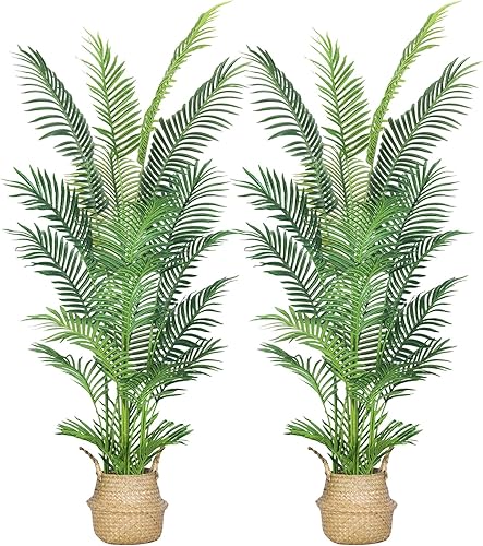 Paquete de 2 palmeras artificiales de 6 pies, palmera areca sintética con hojas de tacto real y ramas ajustables, palmera tropical falsa para