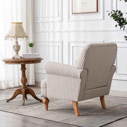 Miniatura 6 de DM-Furnitue - Sillón ancho moderno de lino, cómoda silla de lectura, silla tapizada, sofá individual para dormitoriosala de estar, beige con rayas