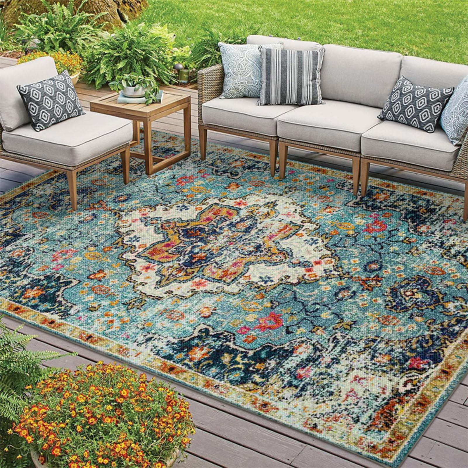 HGTRH Outdoor Rug Patio Rug, Outdoor Carpet for Patio Various Sizes, Crystal Velvet Fabric Outside Rug Not Hide Dust, Thickened Wear-Resistant And Washable Picnic Rug Mat, with No Skid Bottom