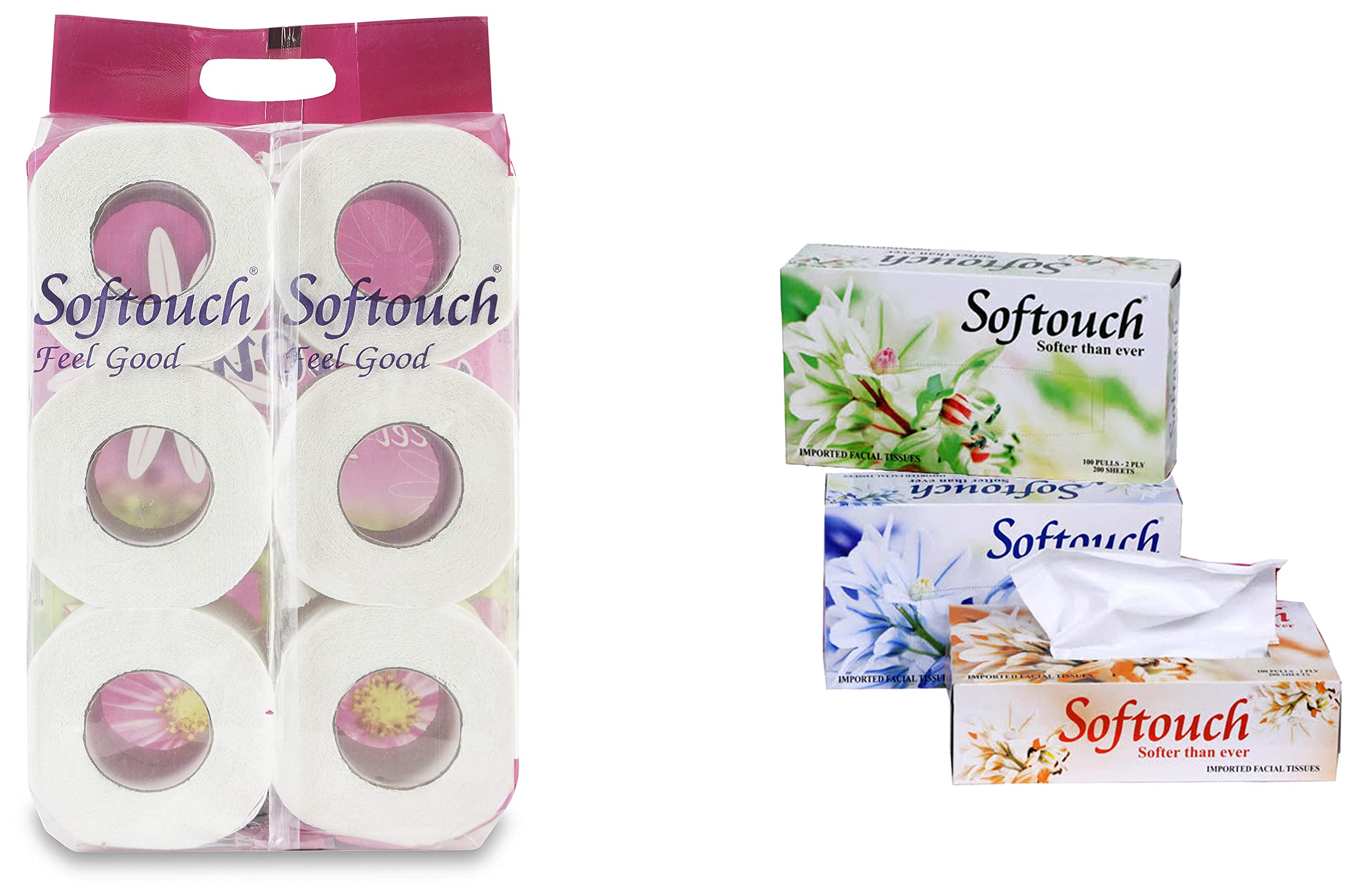 Softouch 2 Ply Toilet Paper Tissue Roll Family Pack 6-in-1 (230 Sheets Per roll) & 2 Ply Face tissue paper 100 pulls 200 sheets Each Box- Set of 3 (Multicolor) (B09VBG4VXJ) Amazon Price History, Amazon Price Tracker