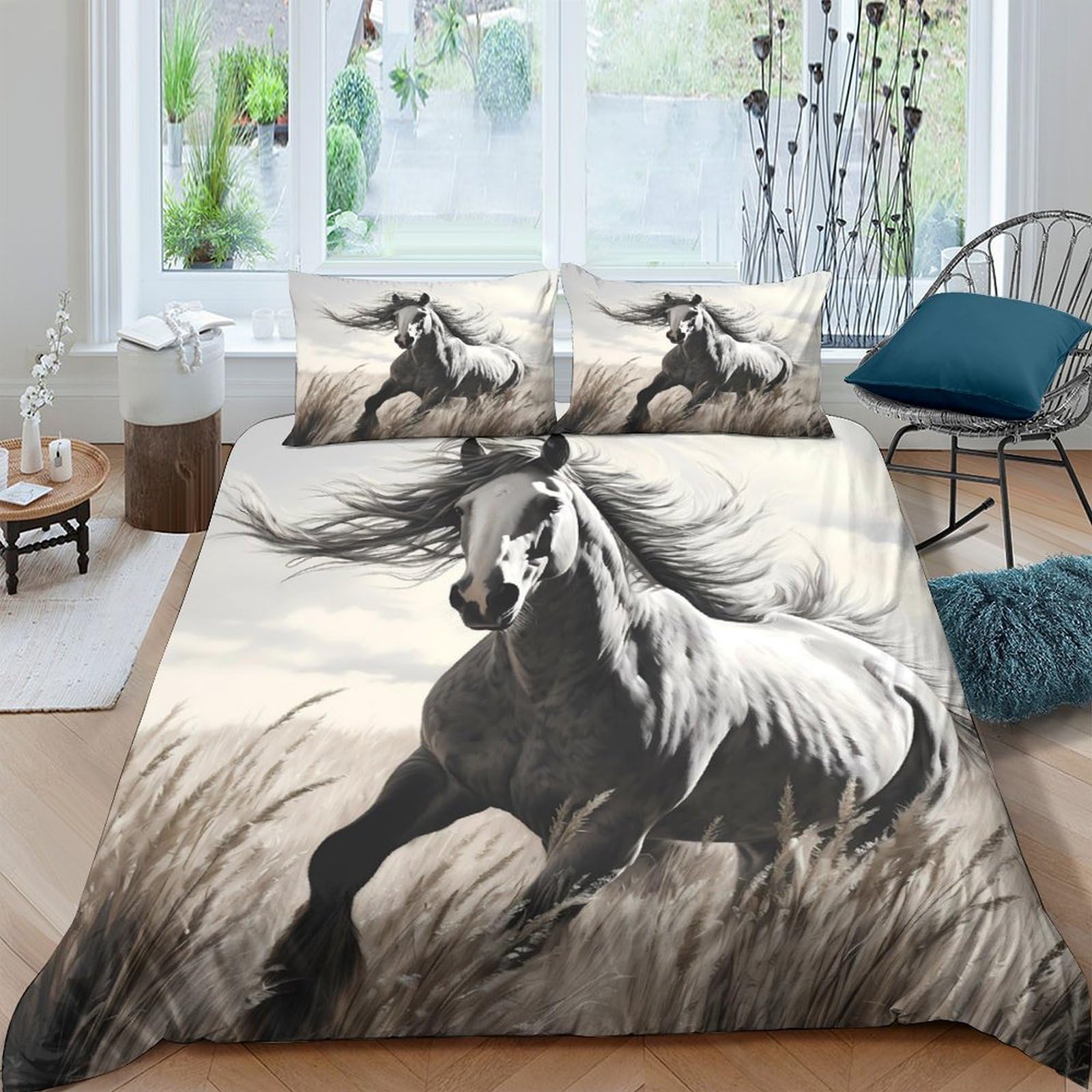 Ctjqhvkz Style-7 3D Printed Wild Horse Fitted Sheet Microfiber Artistic Black White Bed Cover Anti-Slip Easy Care Bedroom Decor Single（135X200cm）