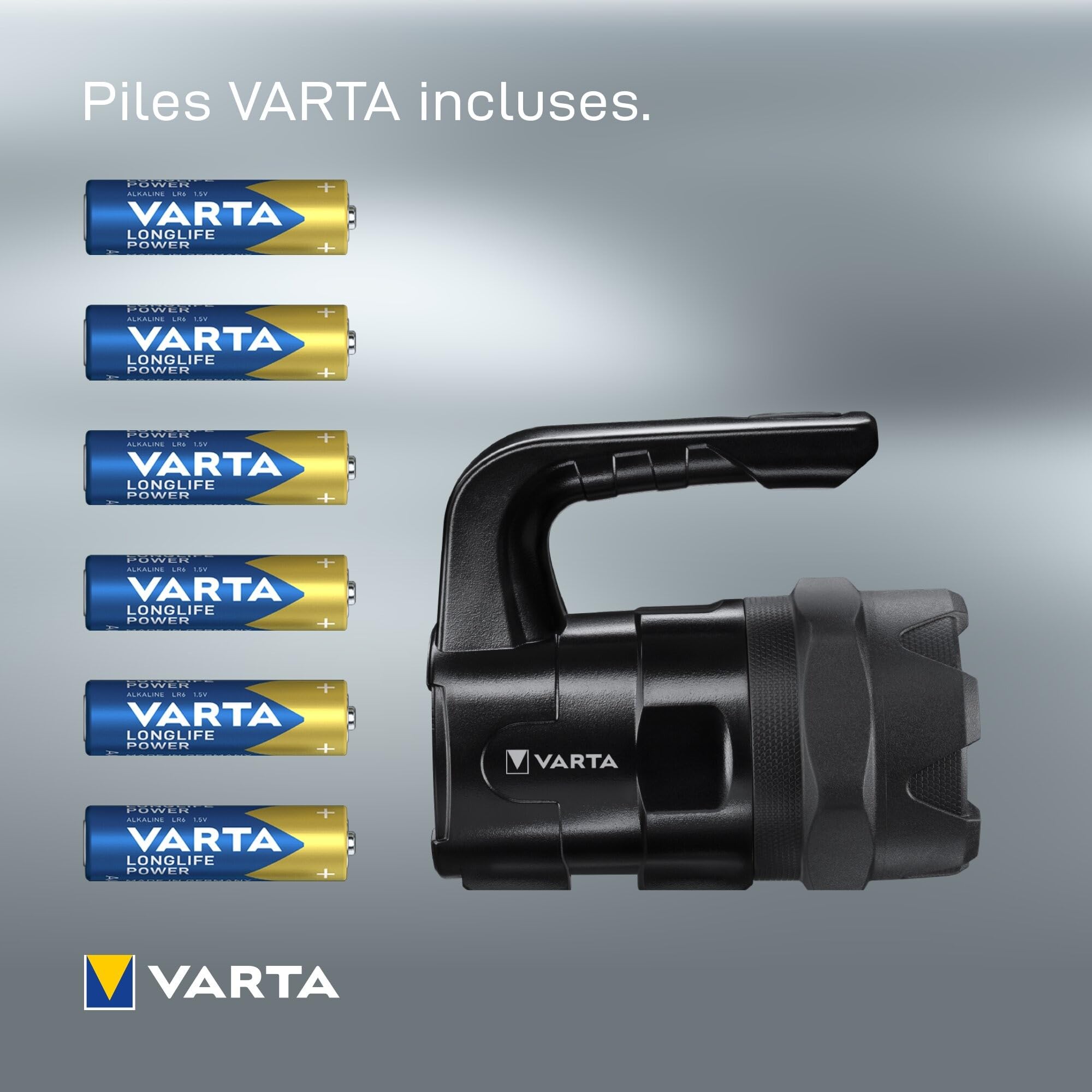 VARTA Lampe de Travail LED incl. 6x piles AA, Indestructible BL20 Pro, lumière de chantier, 2 modes d'éclairage, torche d'atelier robuste, absorbe les chocs, résistante aux éclaboussures & poussière