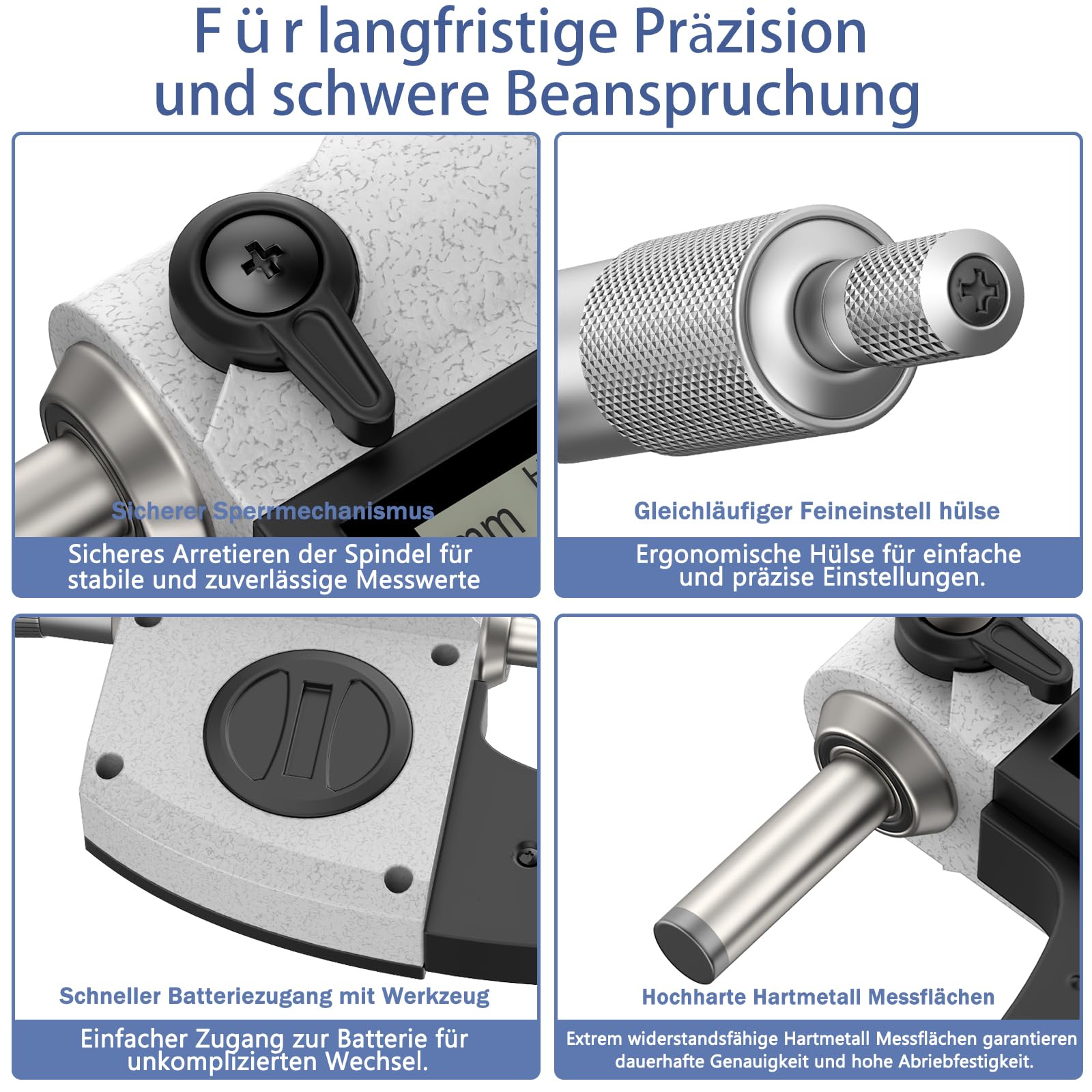 Digitale Bügelmessschraube 0-25 mm, Digital-Mikrometer Auflösung 0,001 mm, Zoll/mm-Umschaltung, Präzision 0,003 mm Genauigkeit, Dual-Mode-Mikrometer großes LCD-Display mit Schutzhülle.