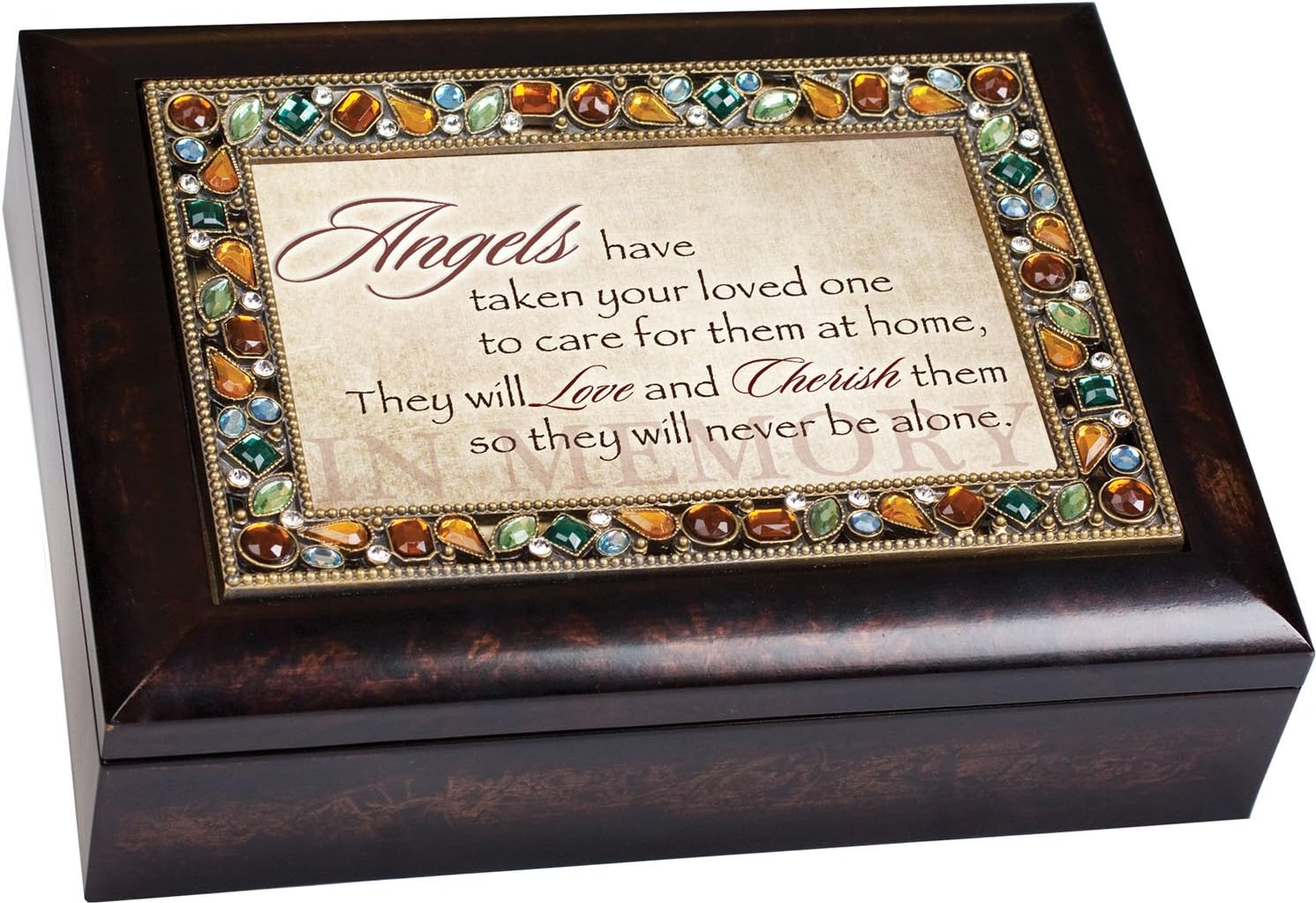 Cottage Garden Angels Care for Them at Home Sympathy Bereavement Jeweled Lid Musical Jewelry Box with Dark Burl Wood Finish - Plays On Eagle's Wings