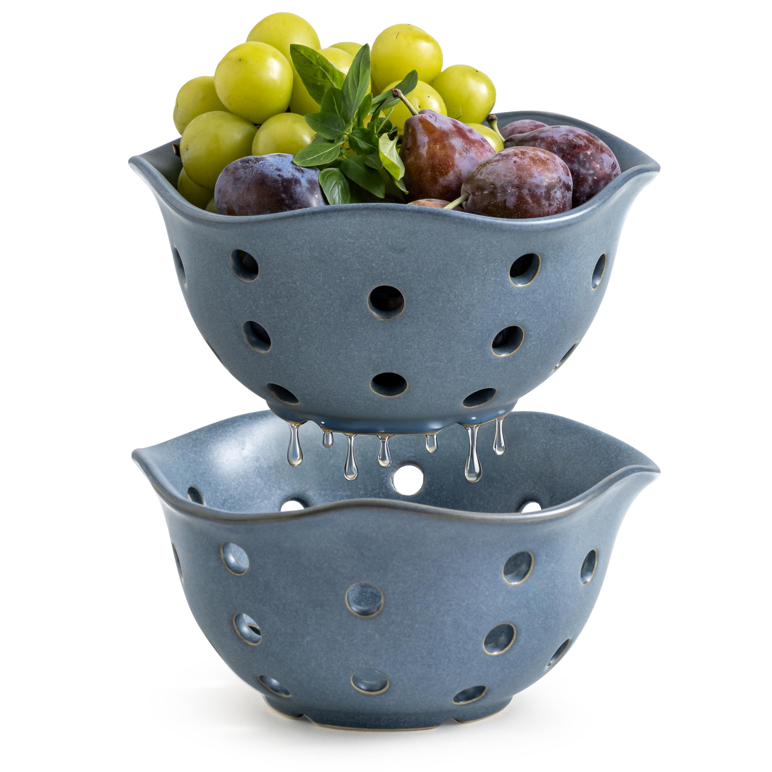 Gomakren Fruit Basket Set of 2, Berry Bowls with Holes Ceramic, Slate Blue