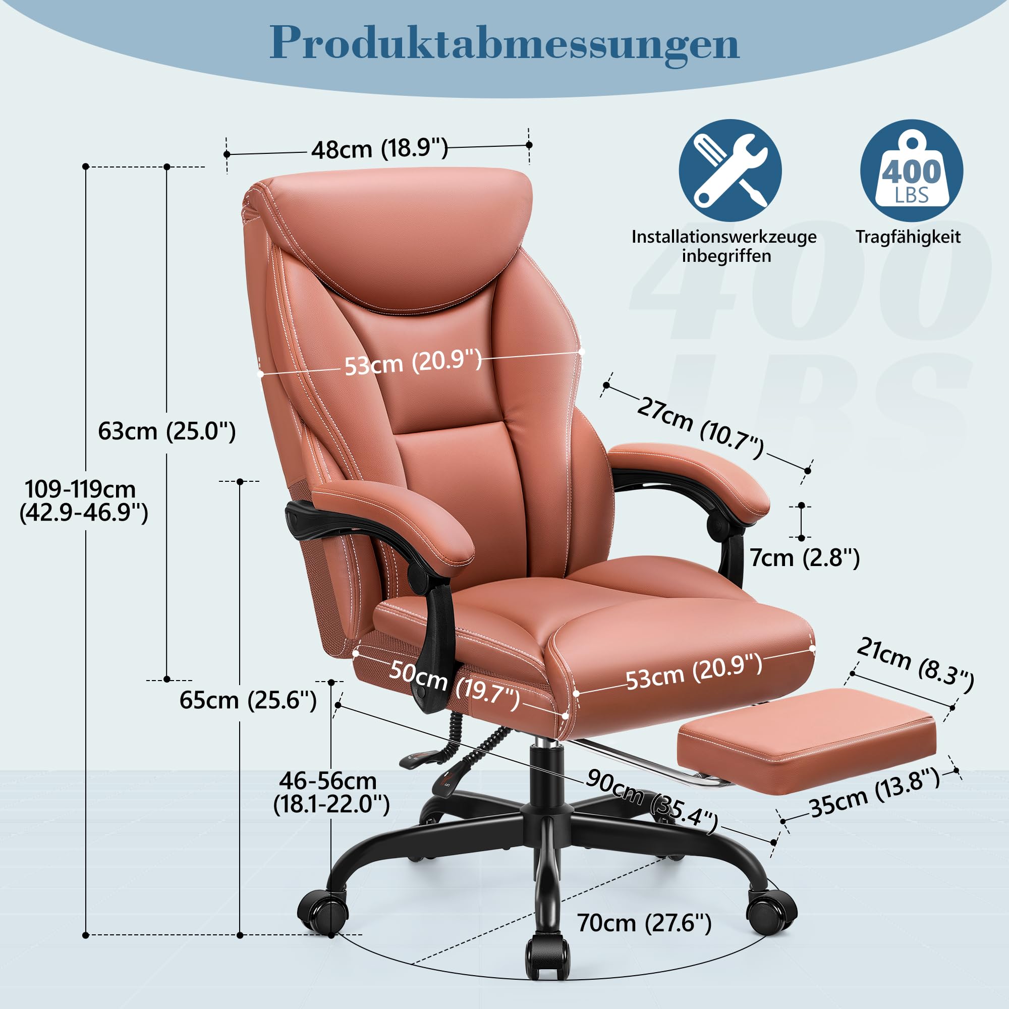 FelixKing Sedia da ufficio ergonomica in pelle PU, schienale alto, sedia da computer inclinabile con poggiapiedi, supporto lombare, regolabile in altezza (marrone opaco)