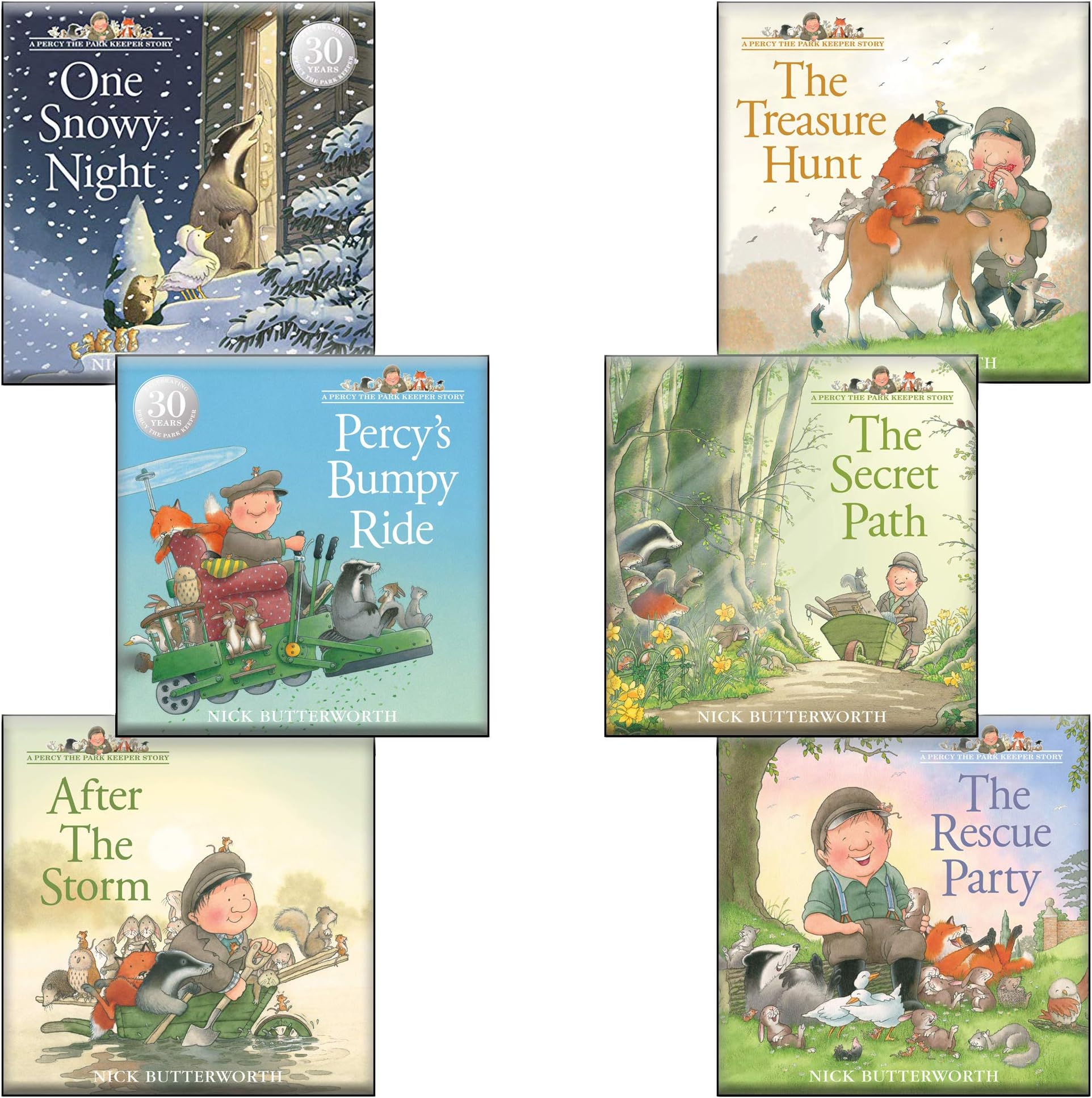 Percy the Park Keeper 6 Books Collection Set by Nick Butterworth (One Snowy Night, After The Storm, Rescue Party, Secret Path, Treasure Hunt & Percy's Bumpy Ride) Paperback