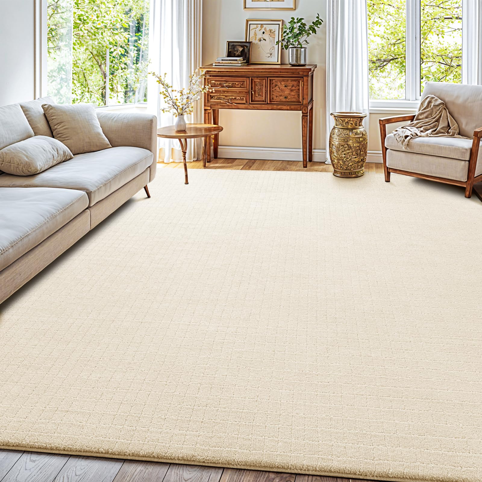 Shilucheng Wool Rug 9x12 Non-Slip, Blend 80% Wool and 20% Cotton Rugs for Living Room, Bedroom, Dinning Room, Soft Durable Cotton Backing Modern Area Rug (Beige/White)