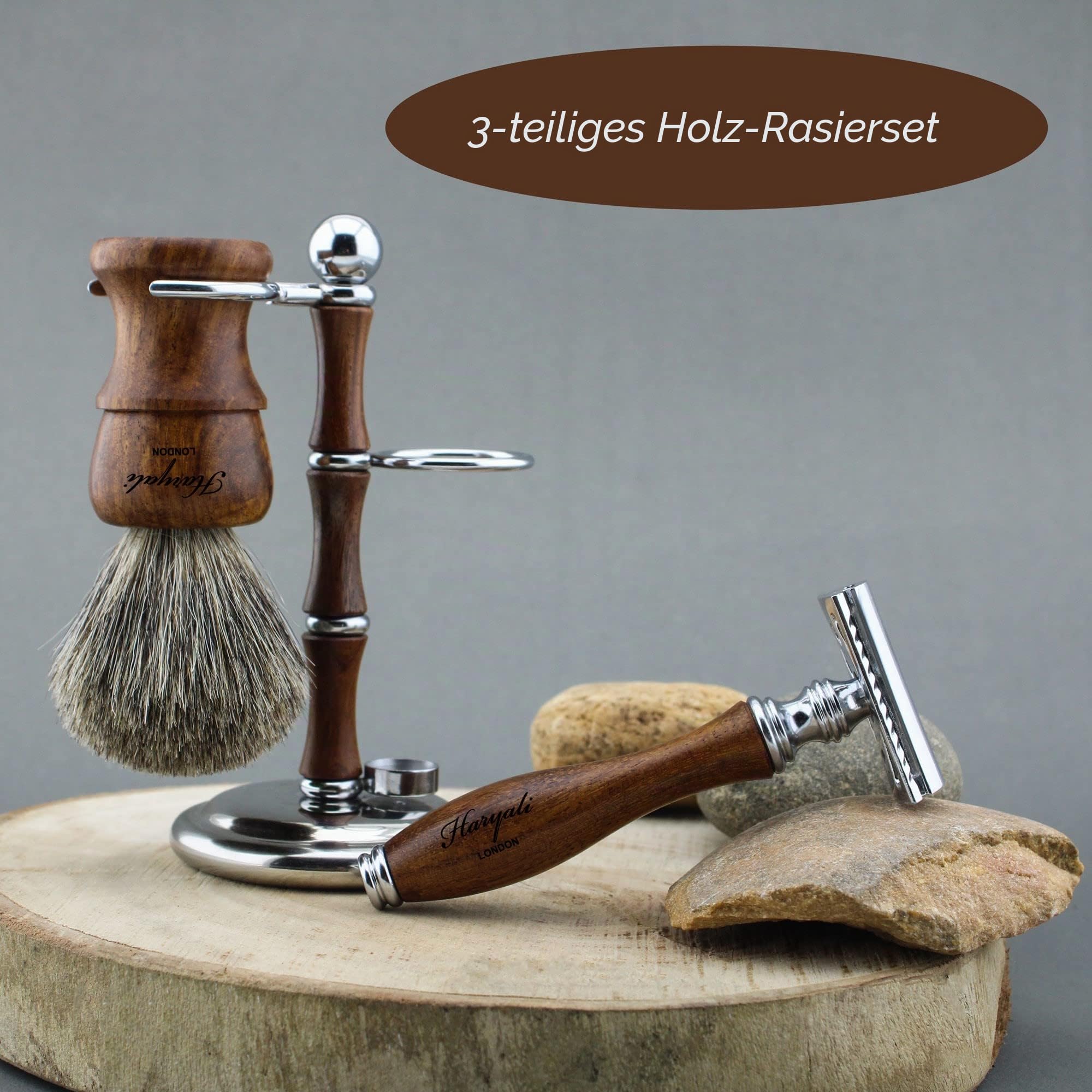 Haryali London Rasierset Herren – Premium Rasierhobel set aus Holz mit Rasierhobel, Rasierpinsel und Rasierständer - Reinem Dachshaar Rasierpinselset Rasierhobel Ständer, Herren Nassrasur Geschenk Set