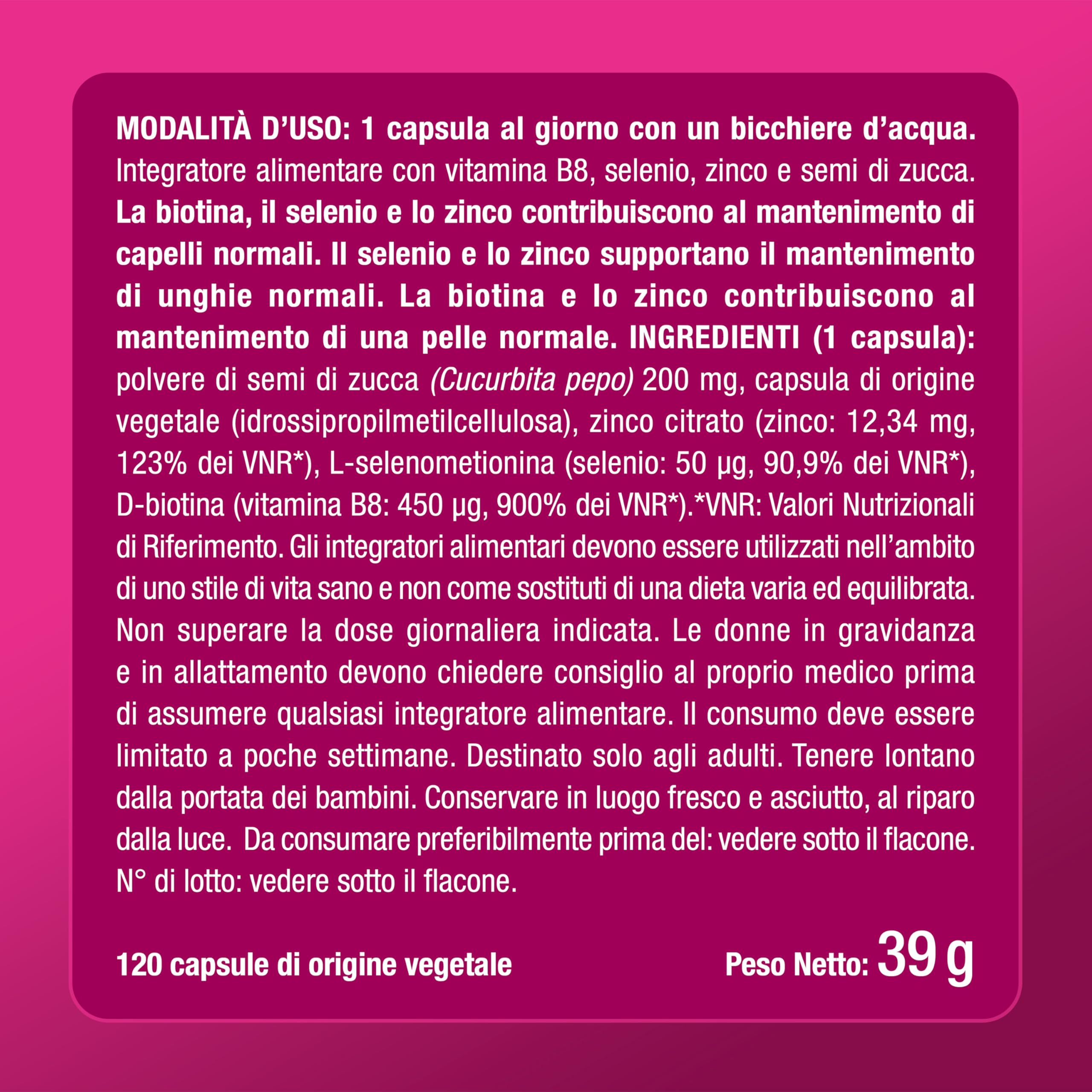 Biotina Capelli | 120 Capsule | Integratori Per Capelli, Unghie e Pelle | Vitamina B8, Zinco, Selenio e Semi di Zucca | Trattamento 4 Mesi | Nutrimea