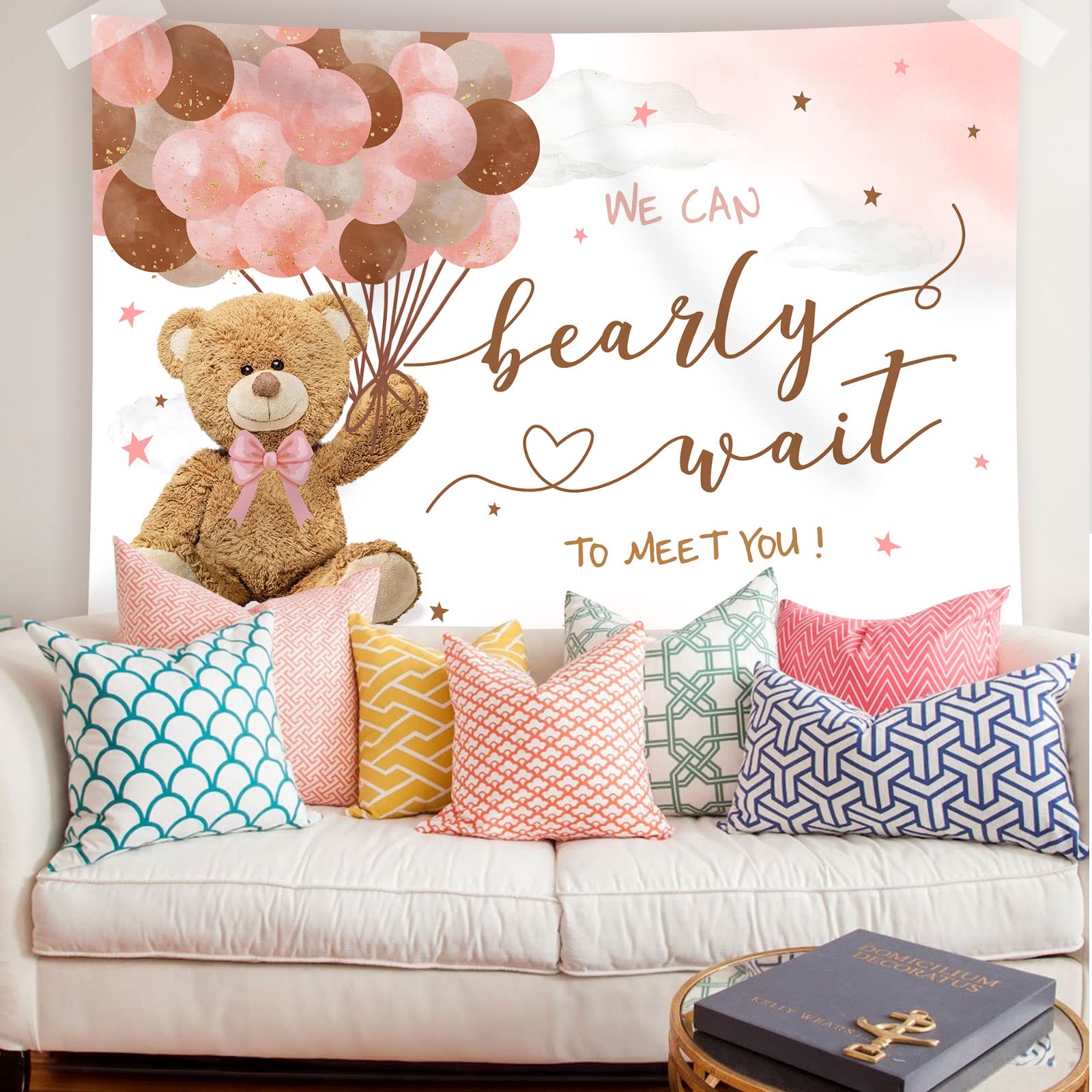 Runder Baby-Shower Hintergrund 'We Can Bearly Wait' – Pastellrosa Mit Bären, 2,3 M Durchmesser