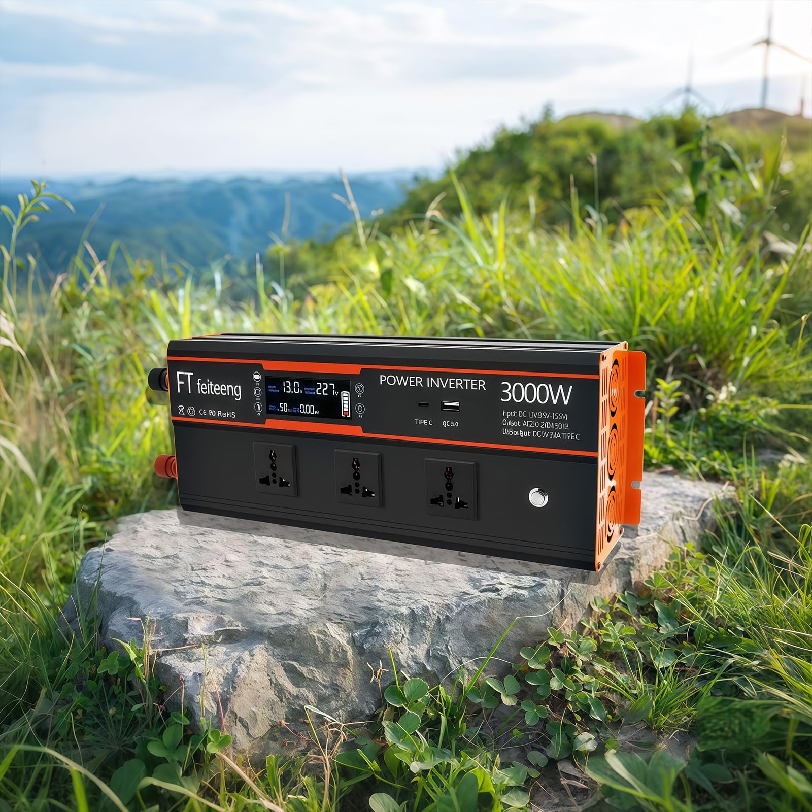 3000W Wechselrichter, 12 V auf 230 V, mit LCD-Display, 3 Universa lsteckdosen sowie USB-Typ-C- und QC 3.0-Anschlüssen für Wohnmobile, LKW und Caravans